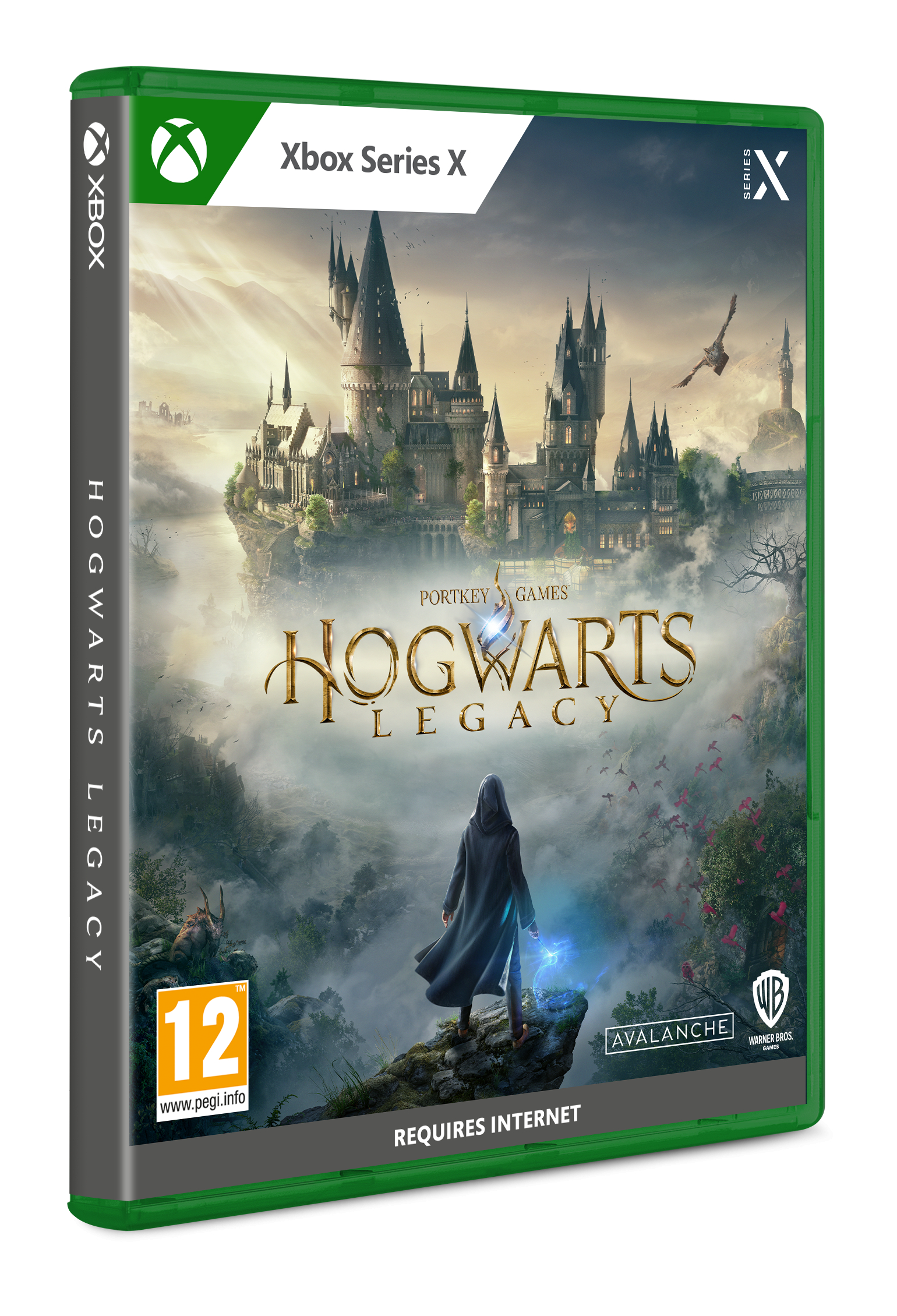 Pudełko gry Hogwarts Legacy, Xbox Series X, z czarodziejem na klifie.