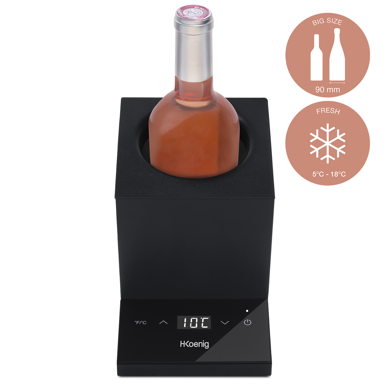 Una bottiglia di vino in un refrigeratore nero con display della temperatura.