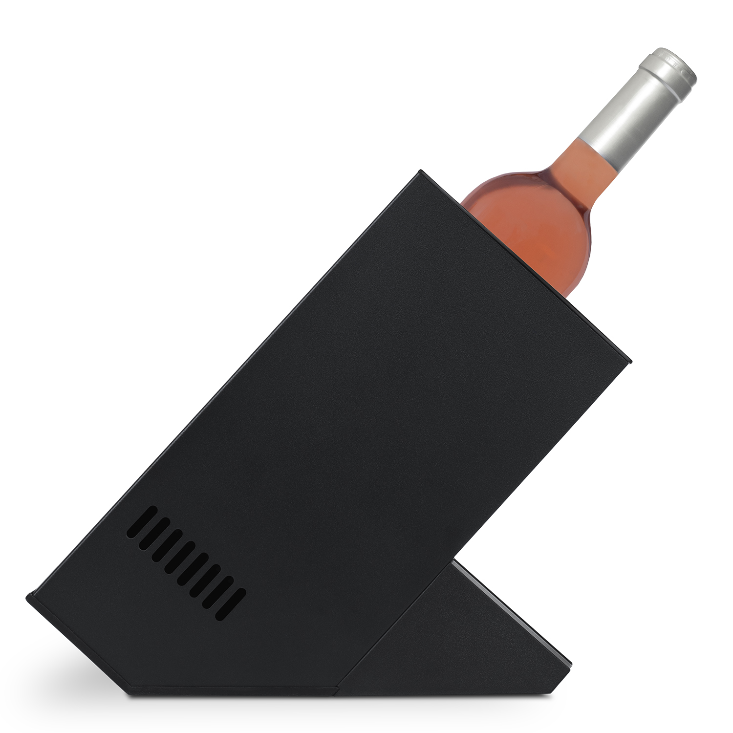 Portabottiglie nero che tiene una bottiglia di vino rosato.