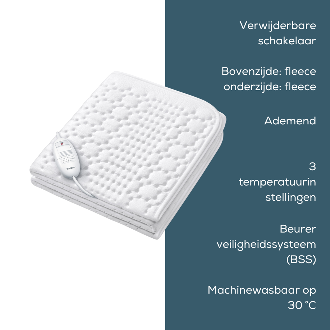 Eine weiße beheizbare Decke, gefaltet, mit einem Bedienfeld, das Temperatureinstellungen und Text anzeigt.