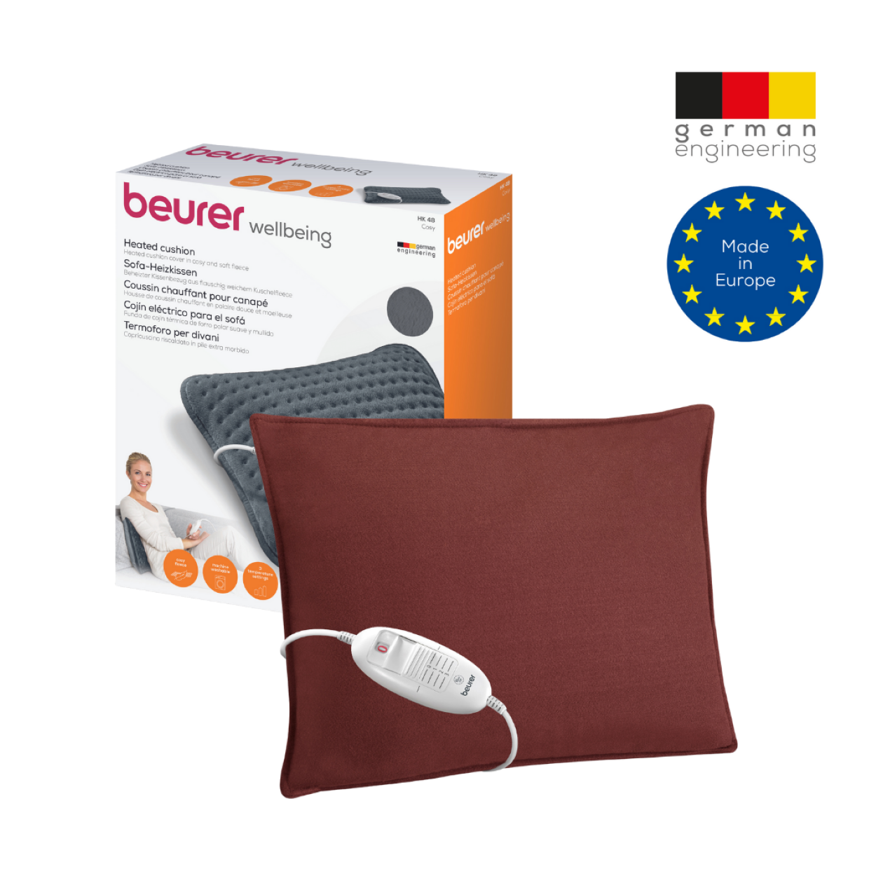 Cuscino riscaldante Beurer wellbeing con scatola, donna e info prodotto.