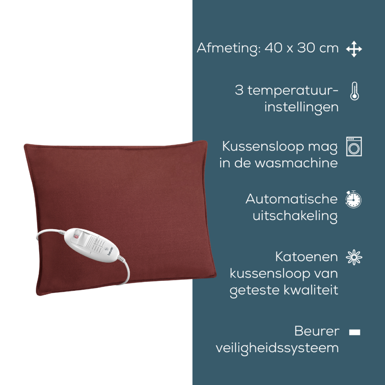 Cuscino termico rosso con pannello di controllo, cavo bianco e testo in olandese.