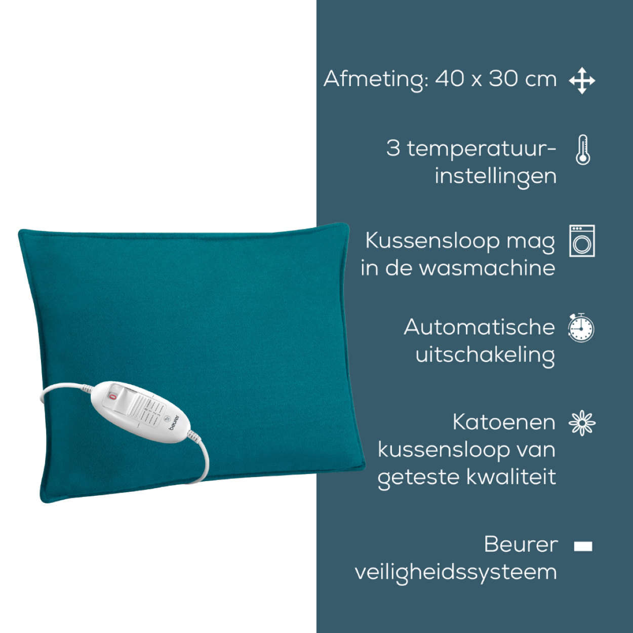 Cuscino termico verde acqua con pannello di controllo.  Infografiche sulle funzioni.