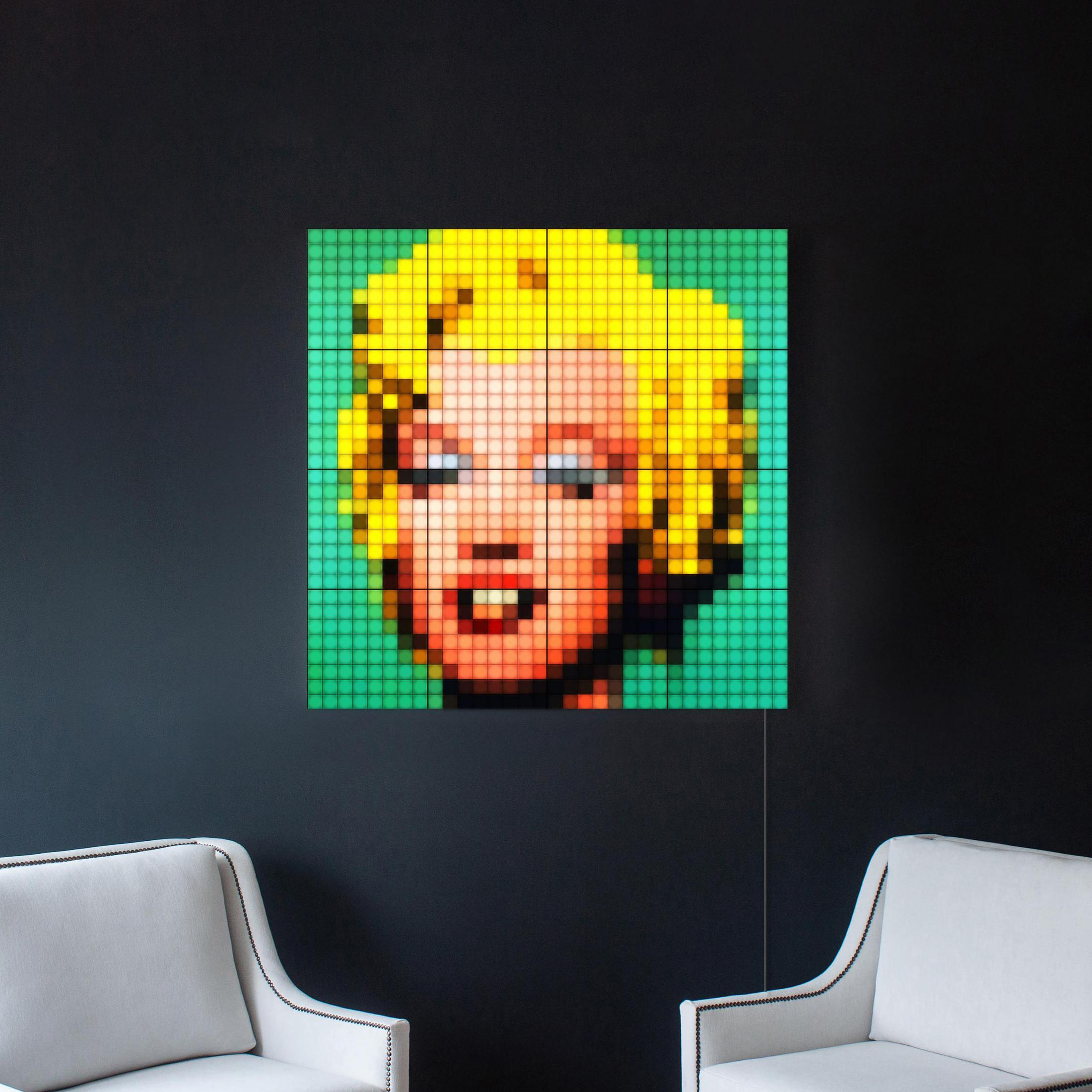 Un ritratto pixelato di Marilyn Monroe, illuminato da luci verdi, appeso a una parete nera.