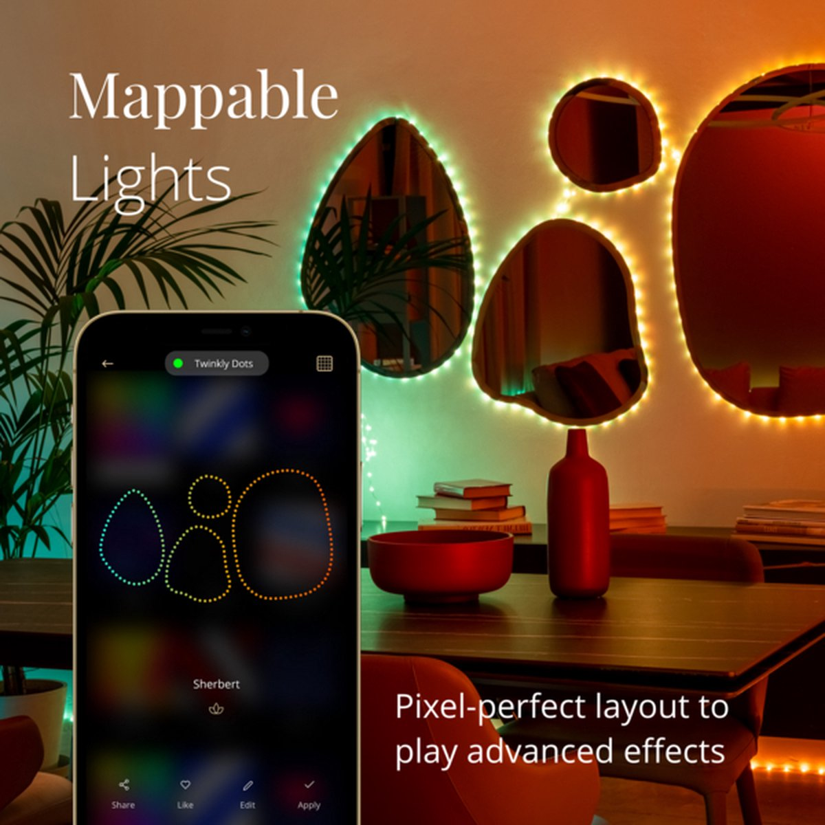 Smartfon wyświetlający aplikację sterującą światłami wokół luster. Tekst: Mappable Lights.