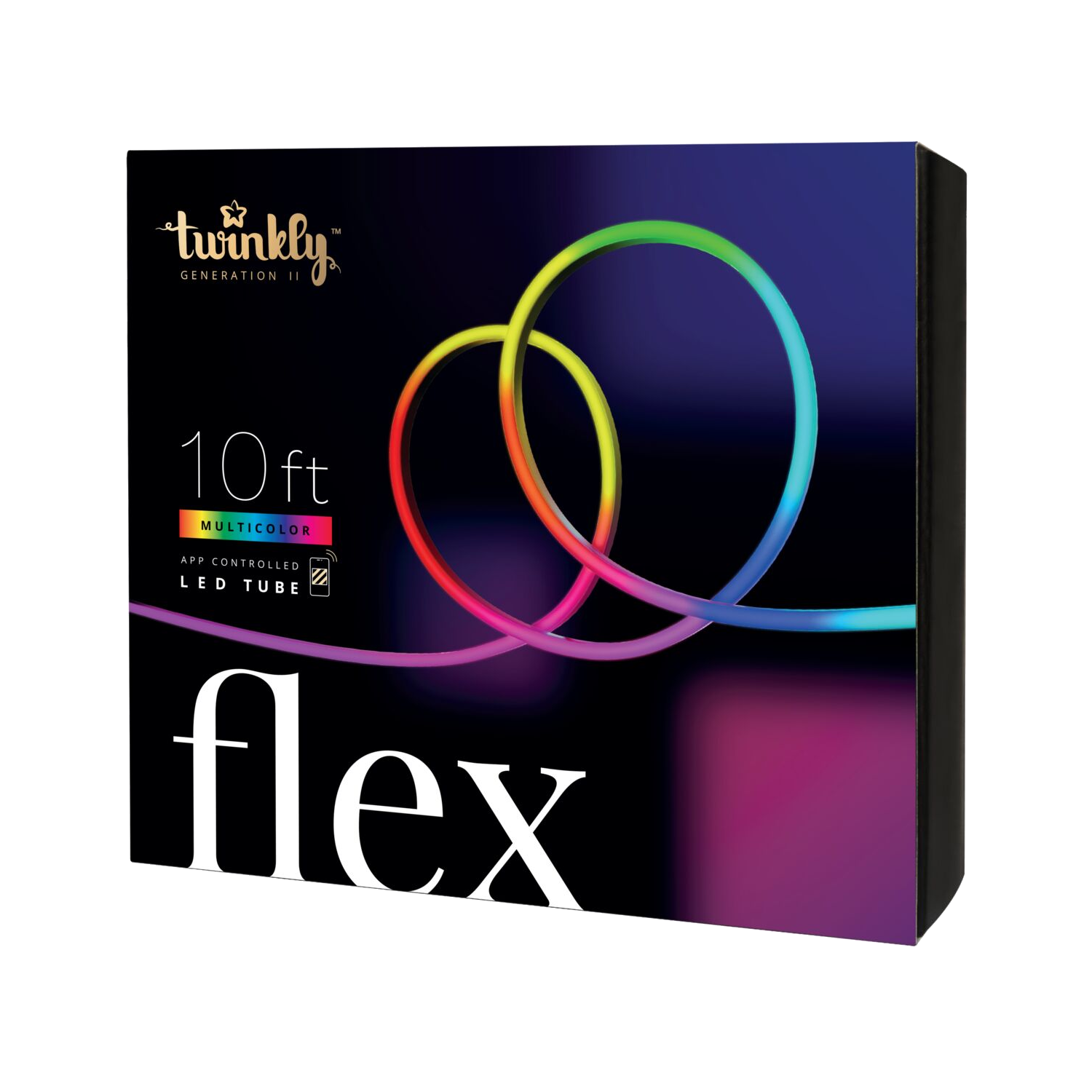 Pudełko świateł Twinkly flex, pokazujące wielokolorową rurkę LED.