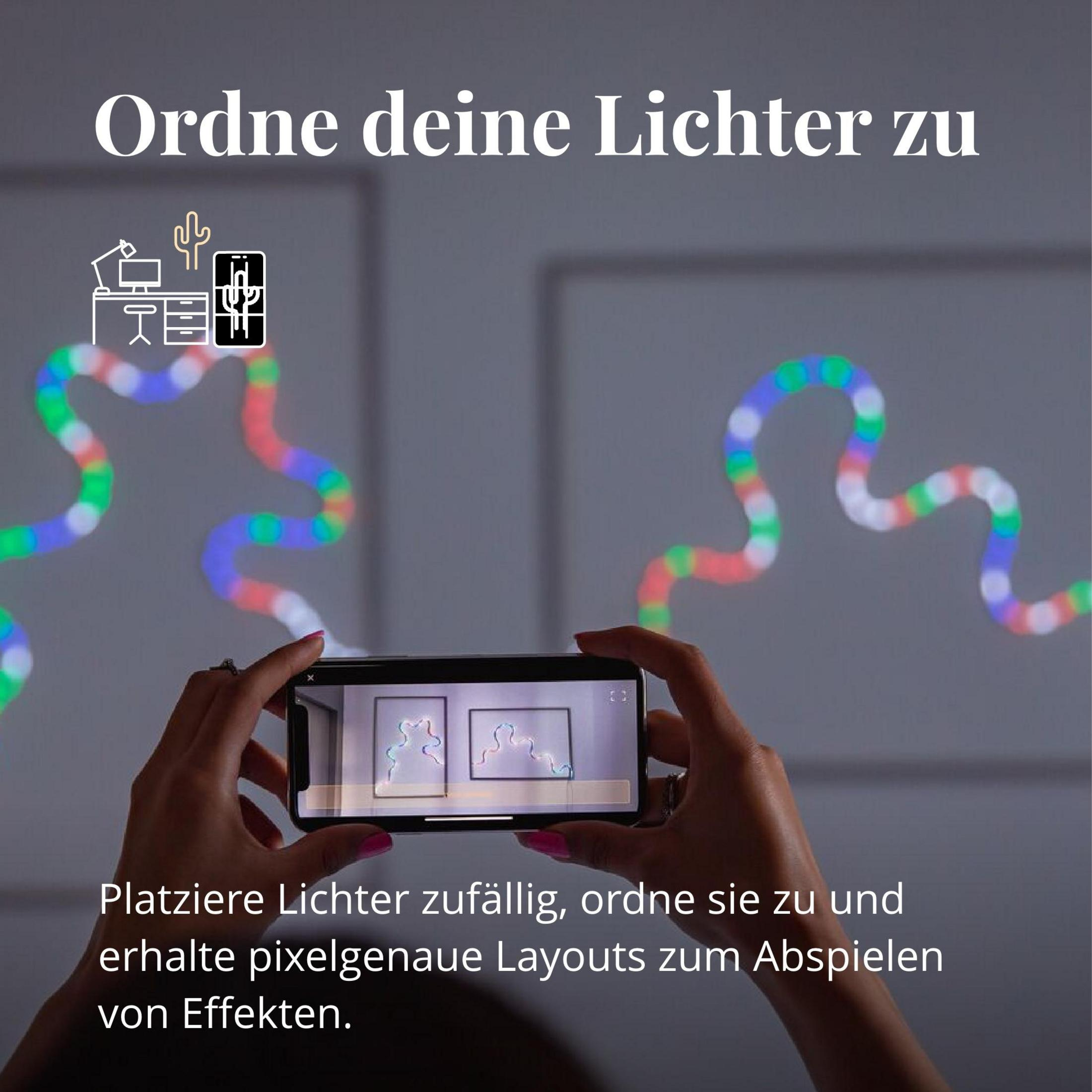 Ręce trzymające telefon pokazujący wzory świetlne. Tekst w języku niemieckim o rozmieszczaniu świateł.
