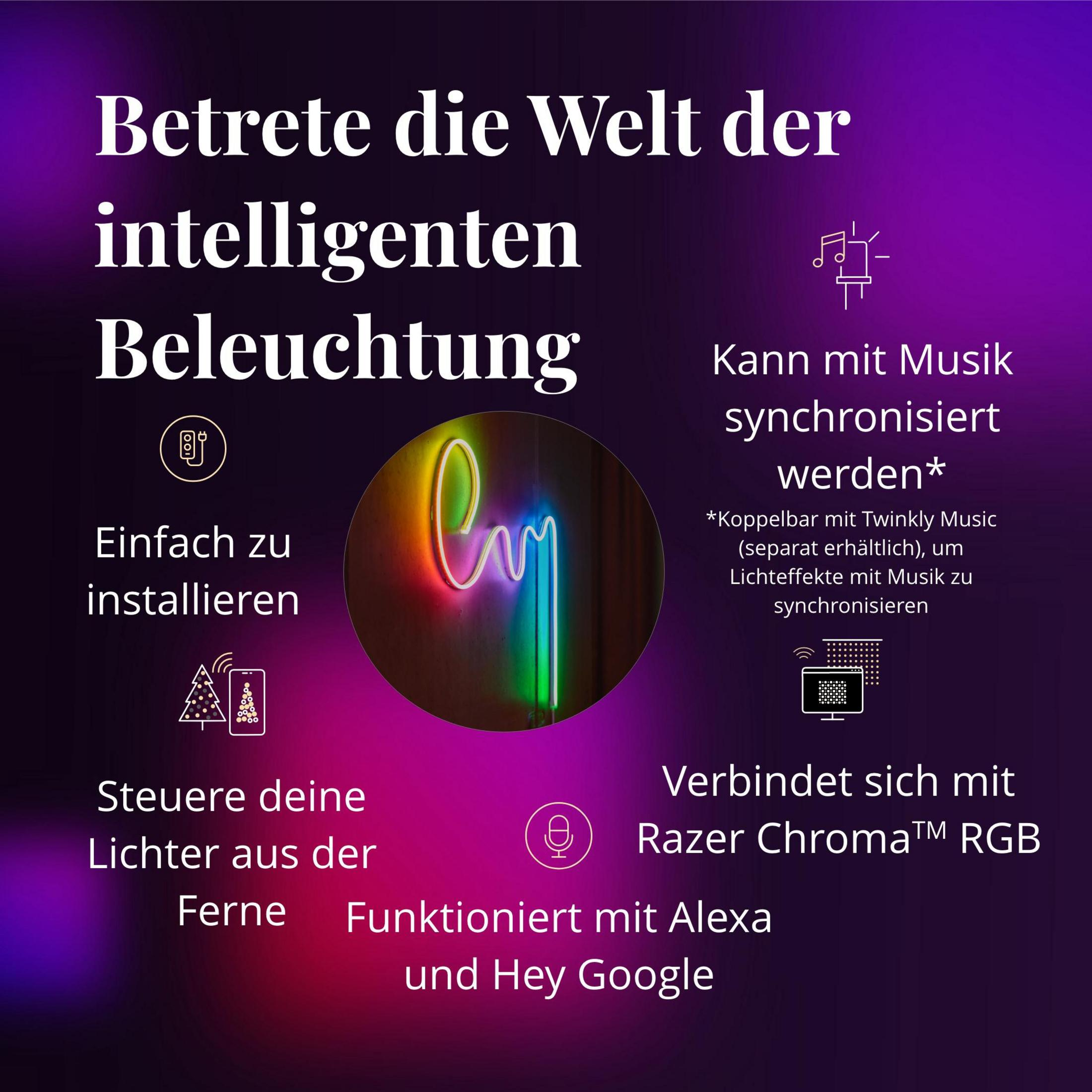 Obraz z tekstem o inteligentnym oświetleniu, pokazujący neon i inne powiązane ikony.