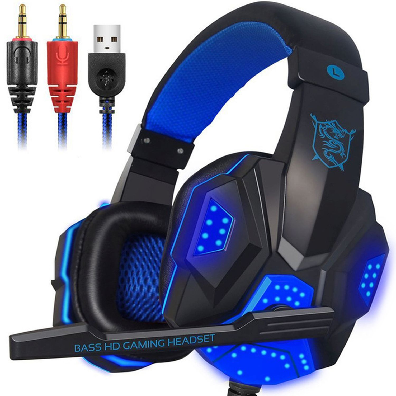 Cuffie da gioco con design blu e nero, microfono e tre cavi di connessione.