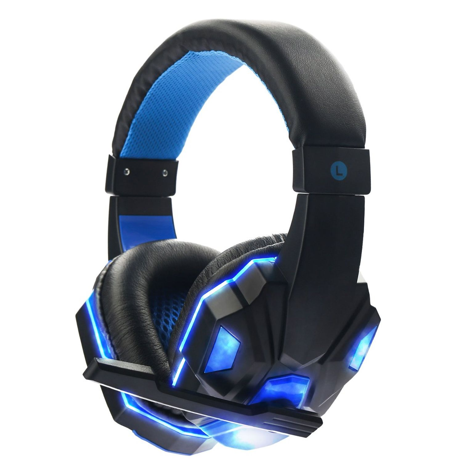 Cuffie da gioco nere e blu con luci blu e un microfono.