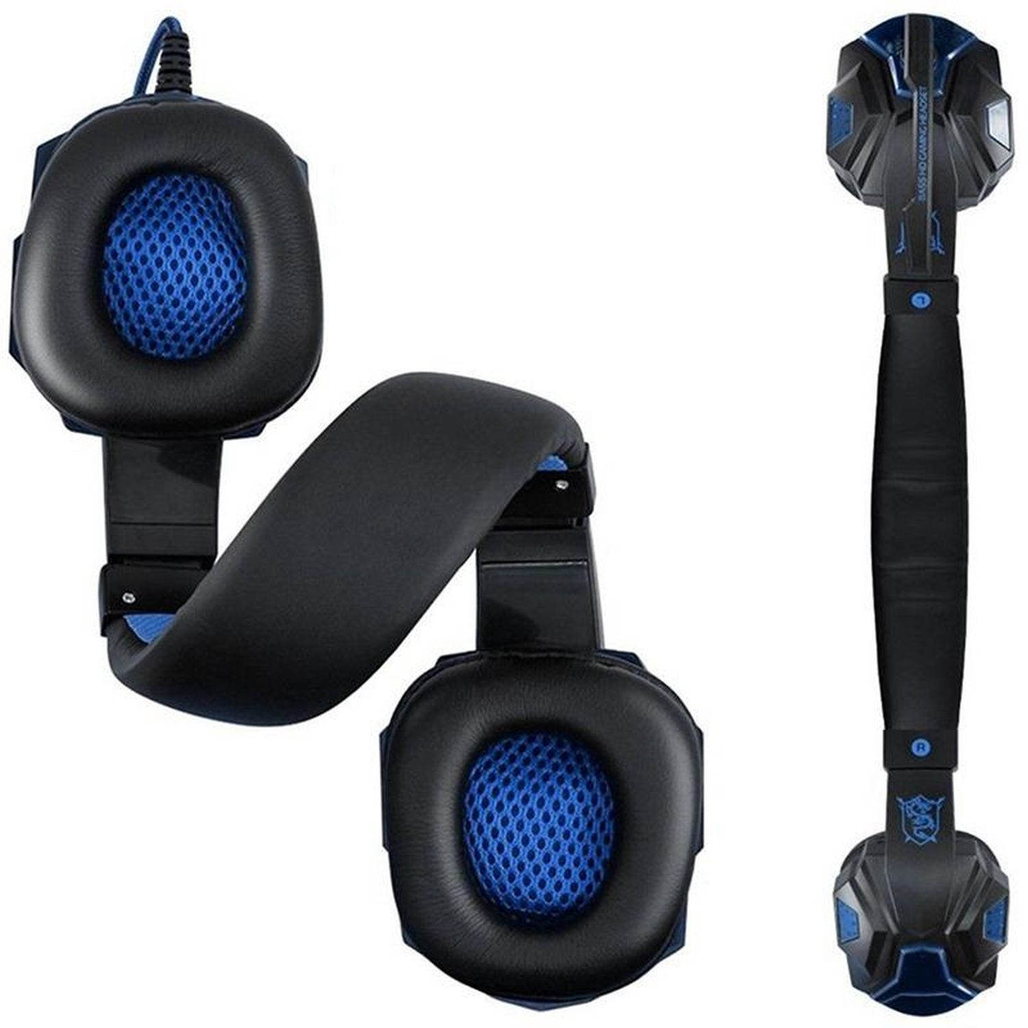 Cuffie da gioco. Nere con dettagli blu, i padiglioni sono rotondi con mesh, fascia imbottita e microfono.