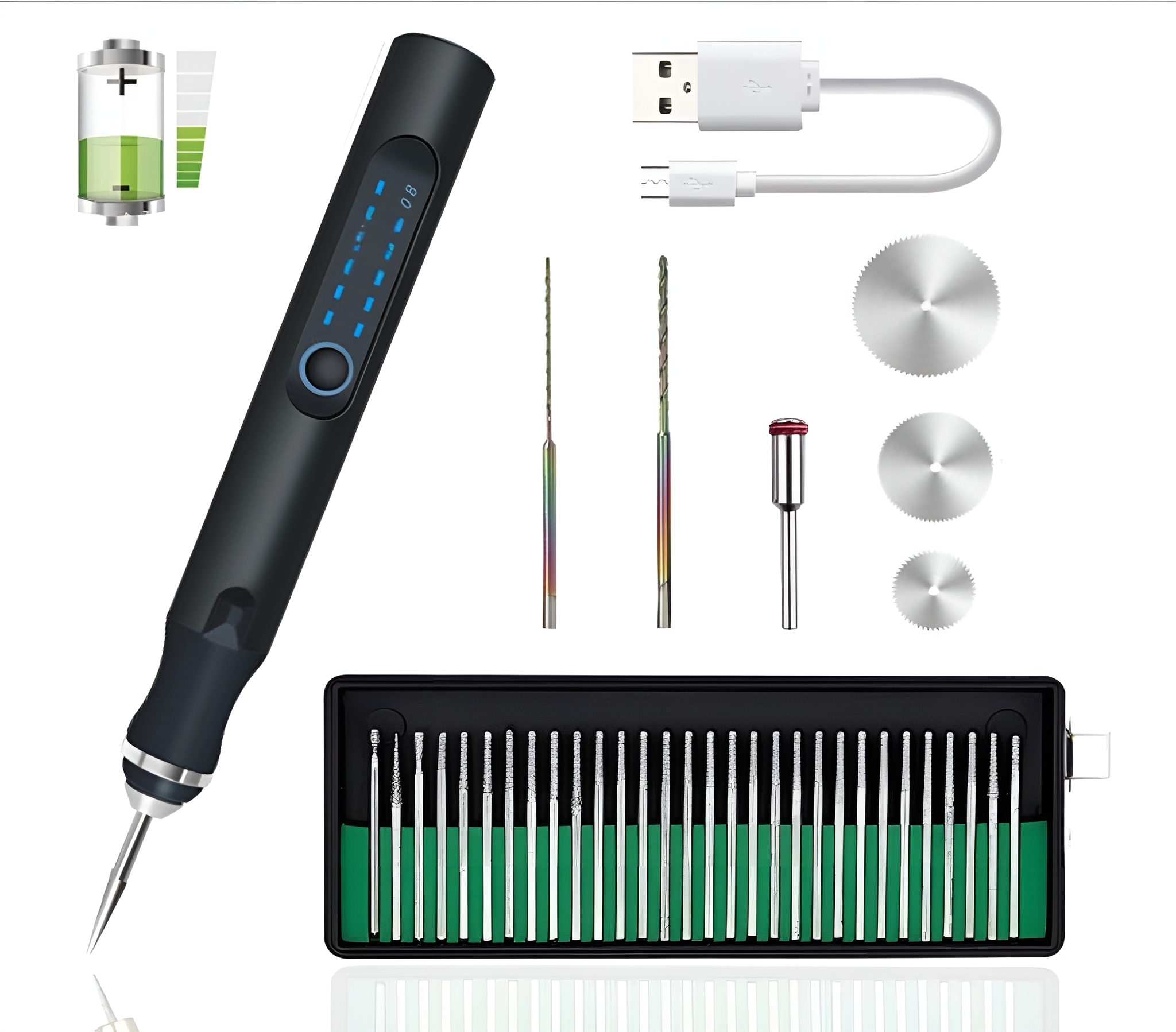 Rotationswerkzeug-Set, einschließlich Werkzeug, Bits, USB-Kabel und Zubehör.