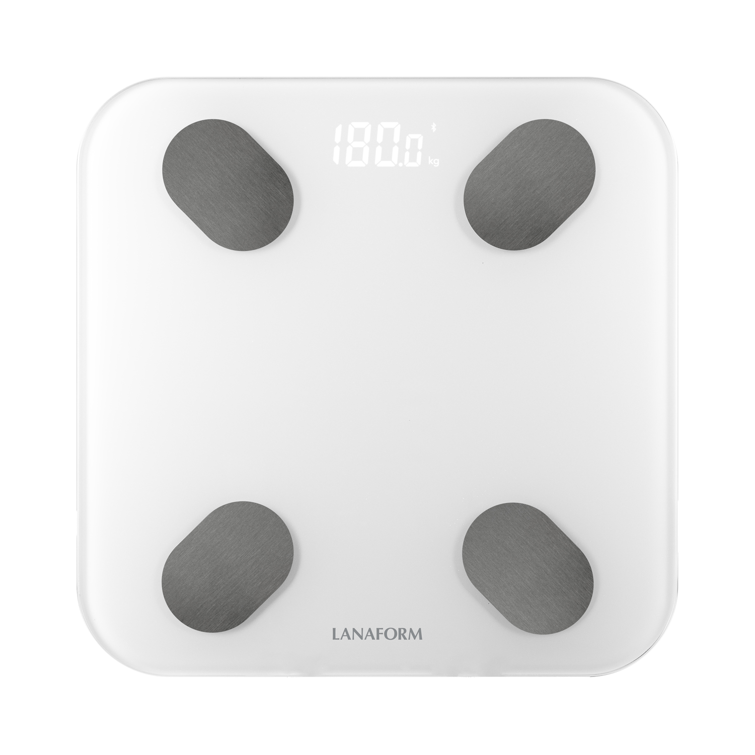 Weiße intelligente Waage mit vier grauen Pads und Digitalanzeige mit 180,0 kg.