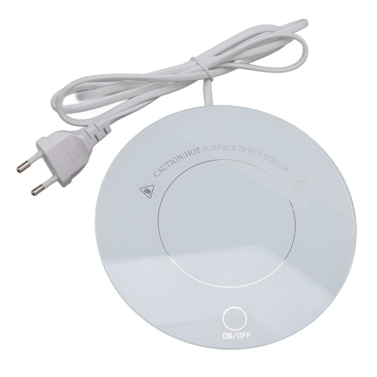 Ein weißer, runder, beheizter Untersetzer mit Netzstecker. Er hat eine Ein-/Aus-Taste und einen Vorsichtstext.