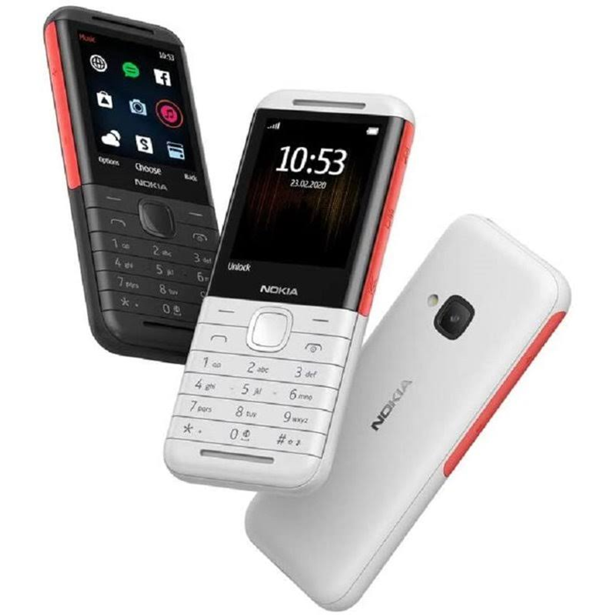 Drei Nokia-Telefone, zwei sind schwarz-rot, eins weiß-rot, alle mit Bildschirmen, die Zeit und Apps anzeigen.
