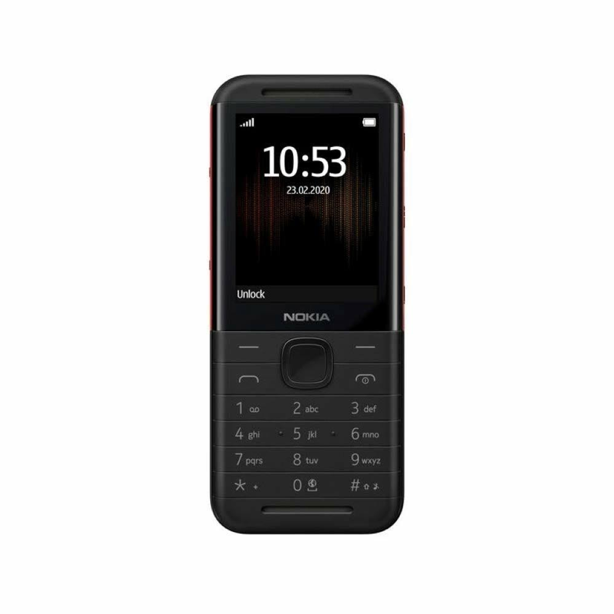 Schwarzes Nokia-Telefon. Der Bildschirm zeigt Uhrzeit, Datum und 'Entsperren'. Das Telefon hat eine Tastatur.