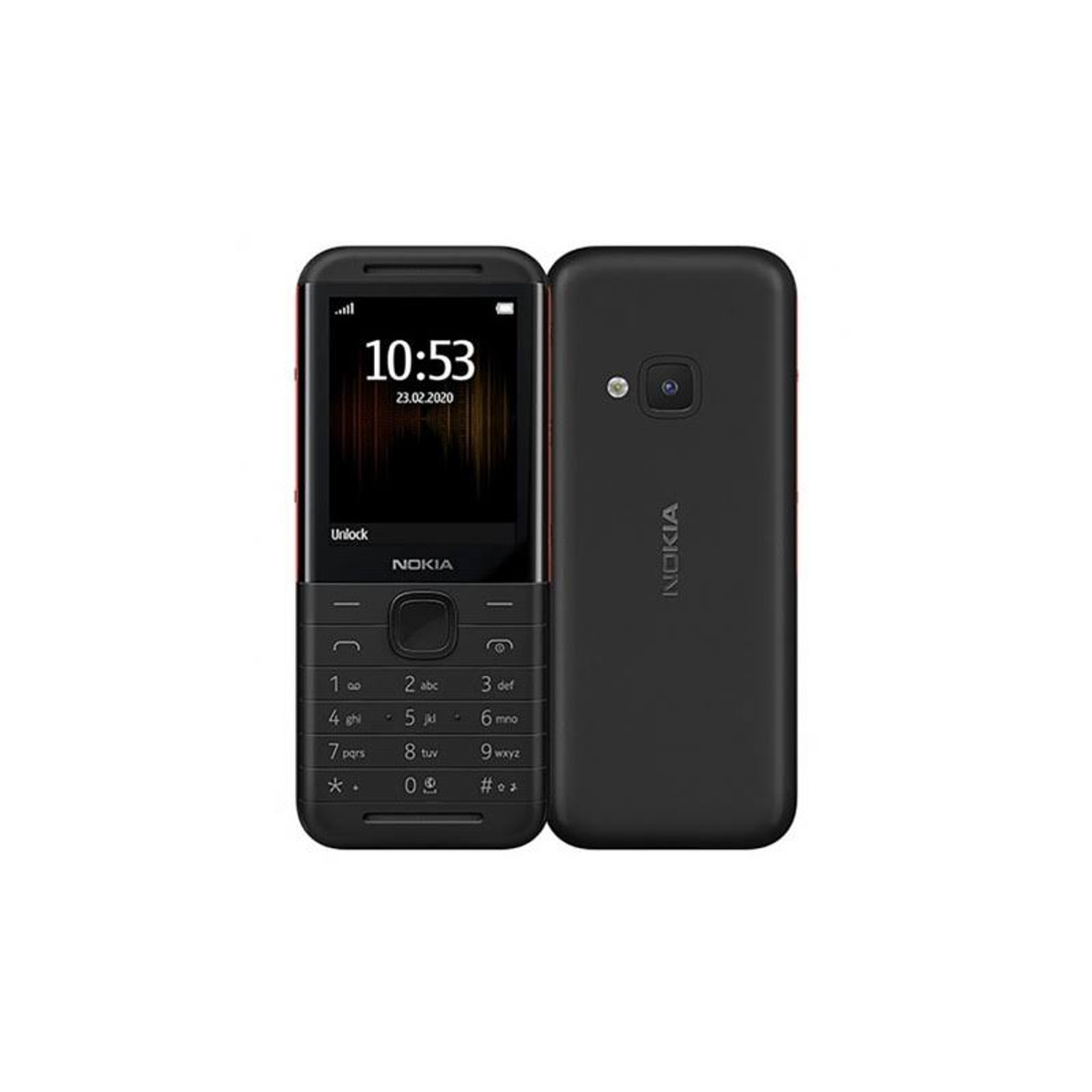 Schwarzes Nokia-Telefon, Vorder- und Rückansicht. Bildschirm zeigt Zeit und Datum, Tastatur sichtbar.