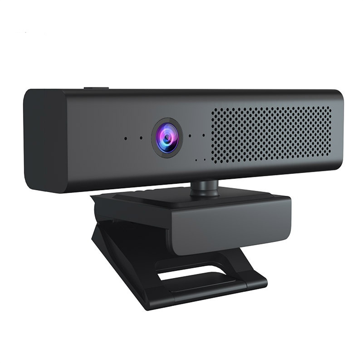 Schwarze Webcam mit Linse und Halterung auf weißem Hintergrund.