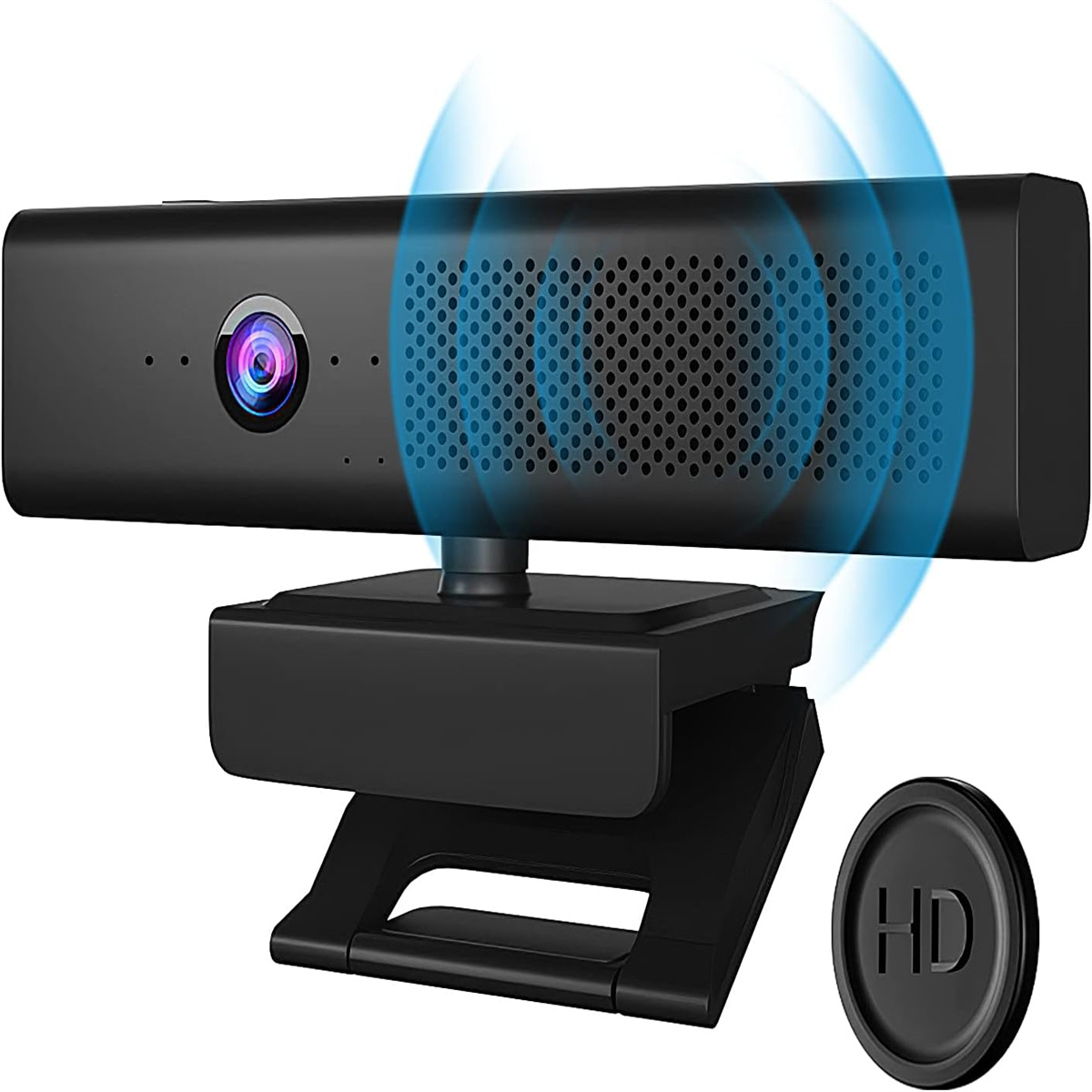 Eine schwarze Webcam mit Kameralinse, Lautsprechergitter und Ständer, mit blauen Schallwellen.