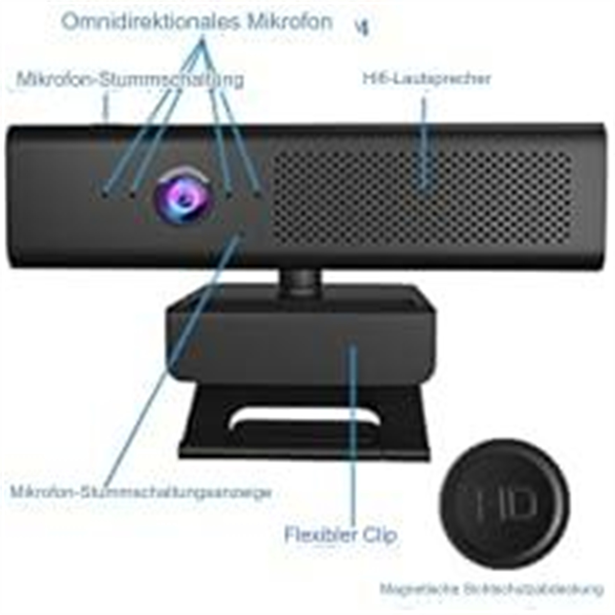 Webcam mit Mikrofon, Lautsprecher und flexiblem Clip auf schwarzem Ständer, mit Objektivdeckel.
