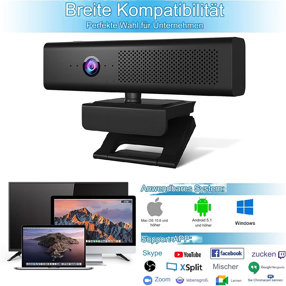 Schwarze Webcam mit Objektiv und Ständer, mit Bildschirmen, die Systeme und Anwendungen anzeigen.