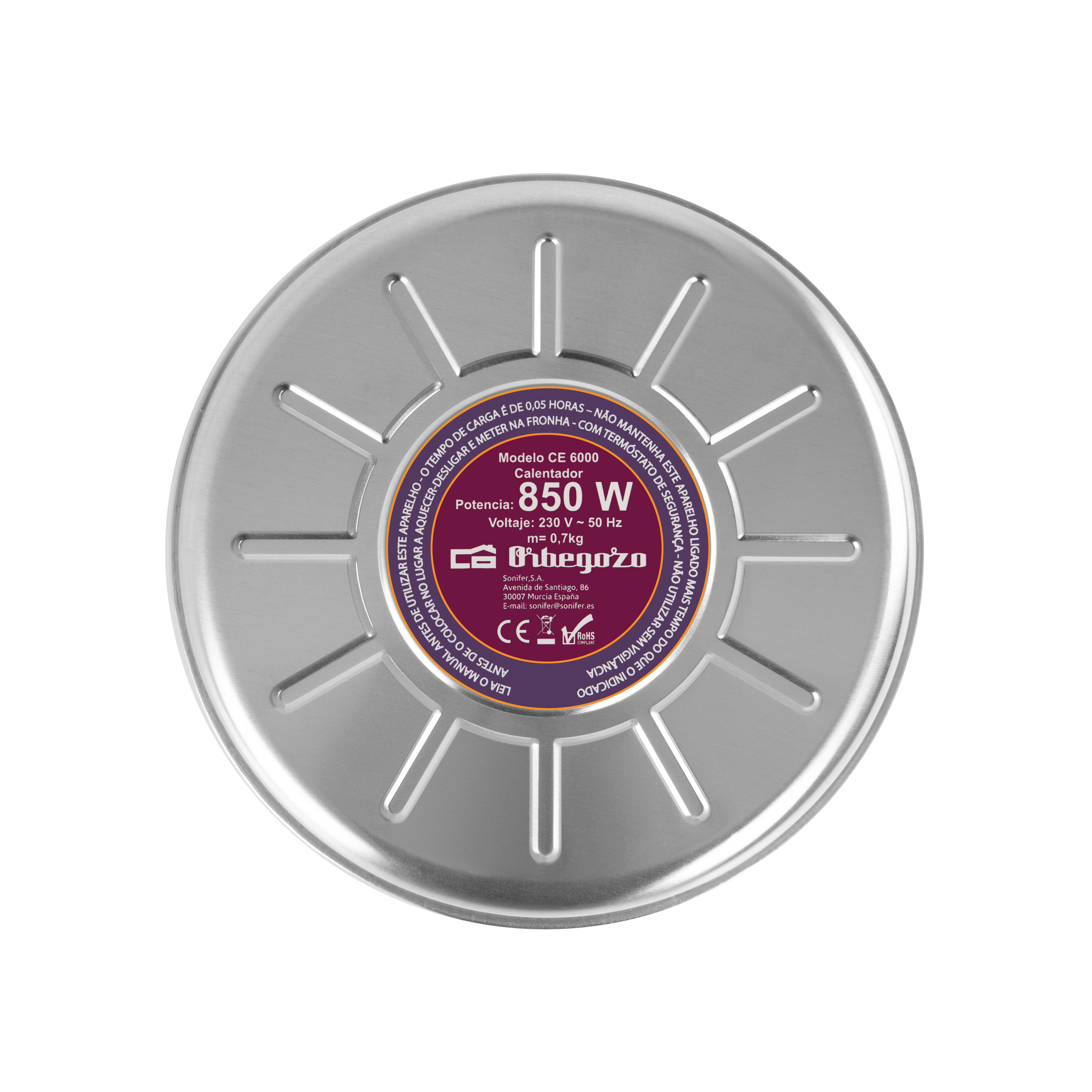 Elemento calefactor circular metálico con texto. El texto está en varios idiomas y tiene detalles técnicos.