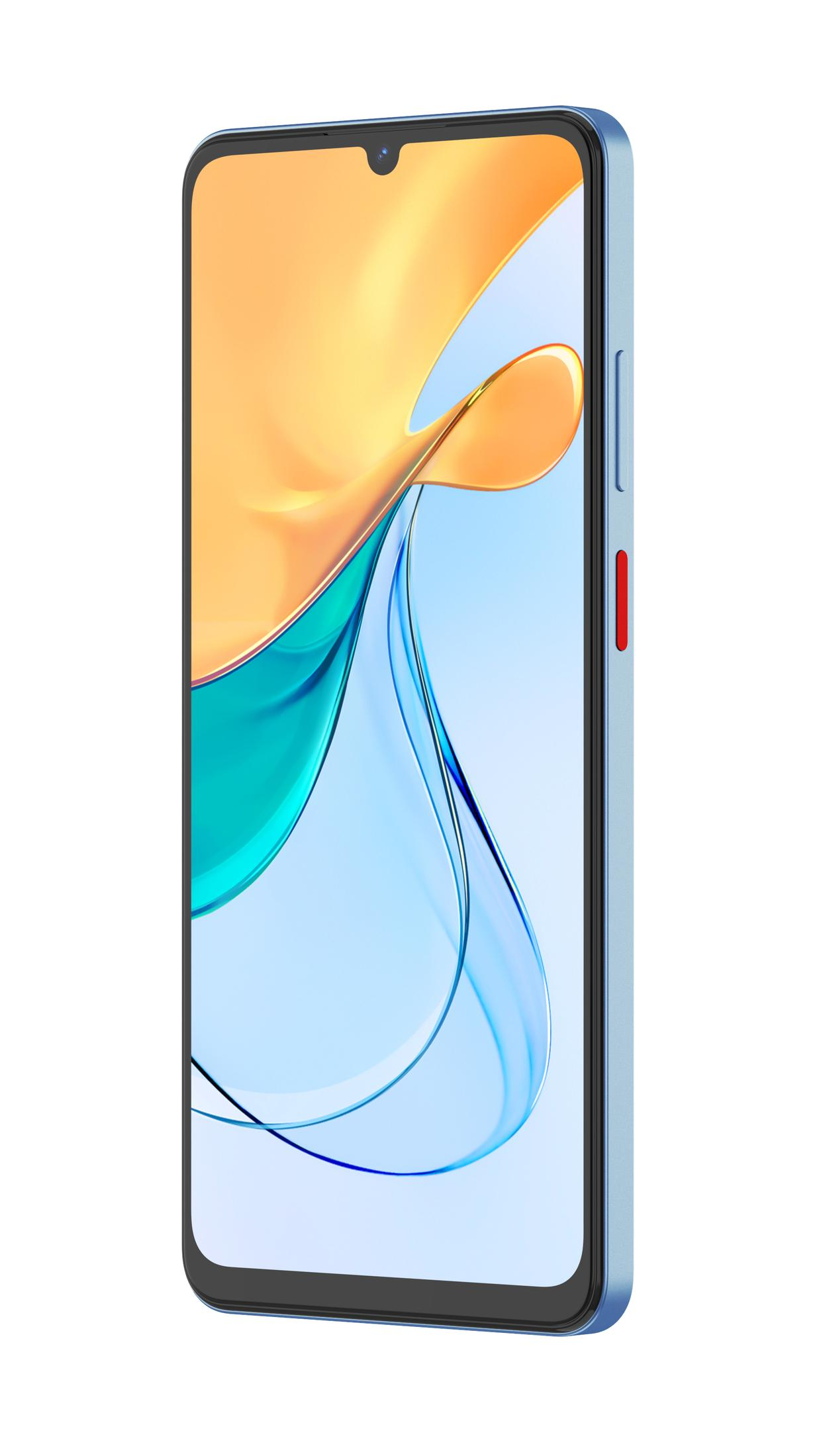 Niebieski smartfon z zakrzywionym ekranem, wyświetlający kolorowy abstrakcyjny wzór.