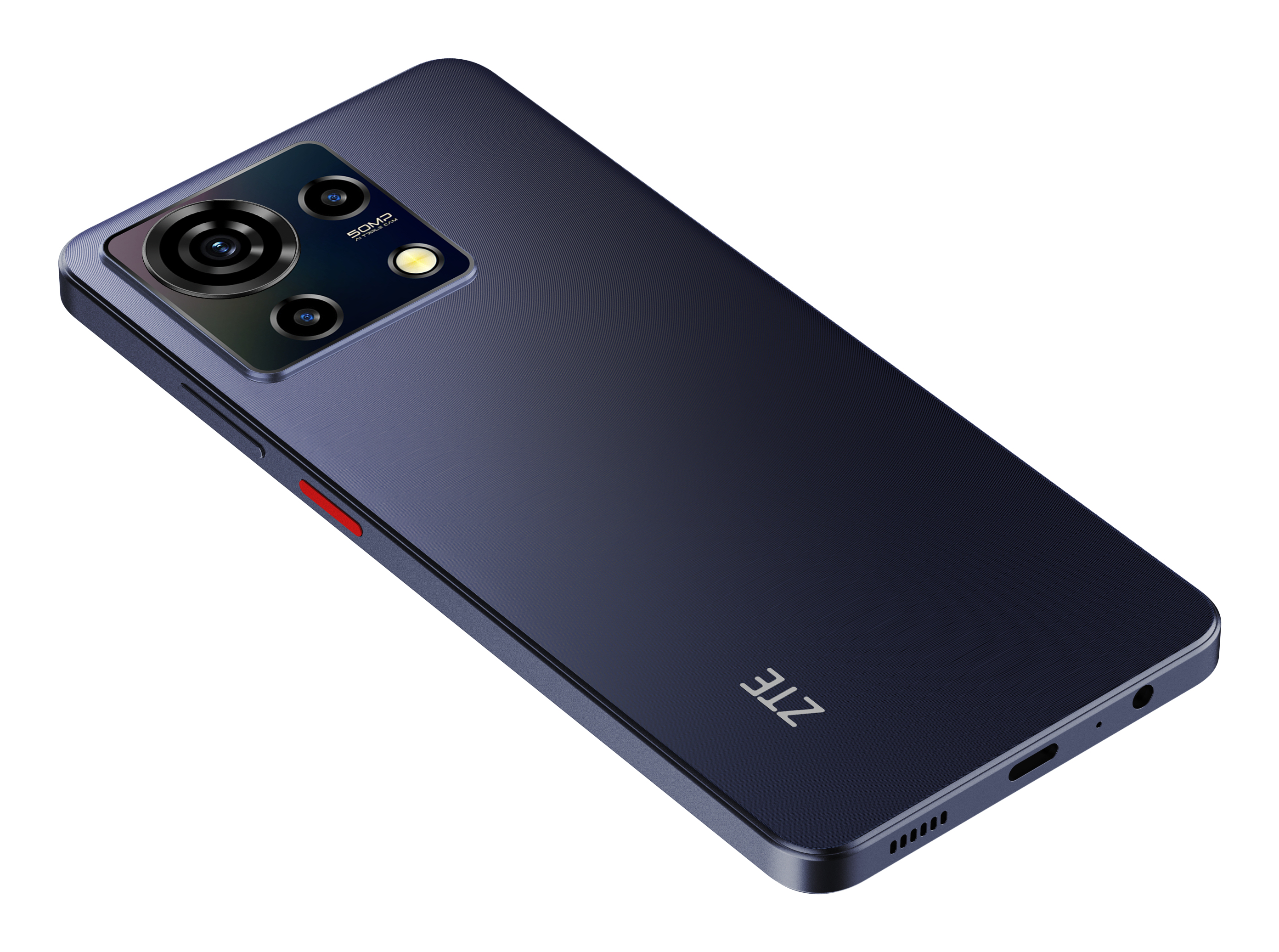 Niebieski smartfon z modułem aparatu. Widoczne logo ZTE. Telefon jest na białym tle.