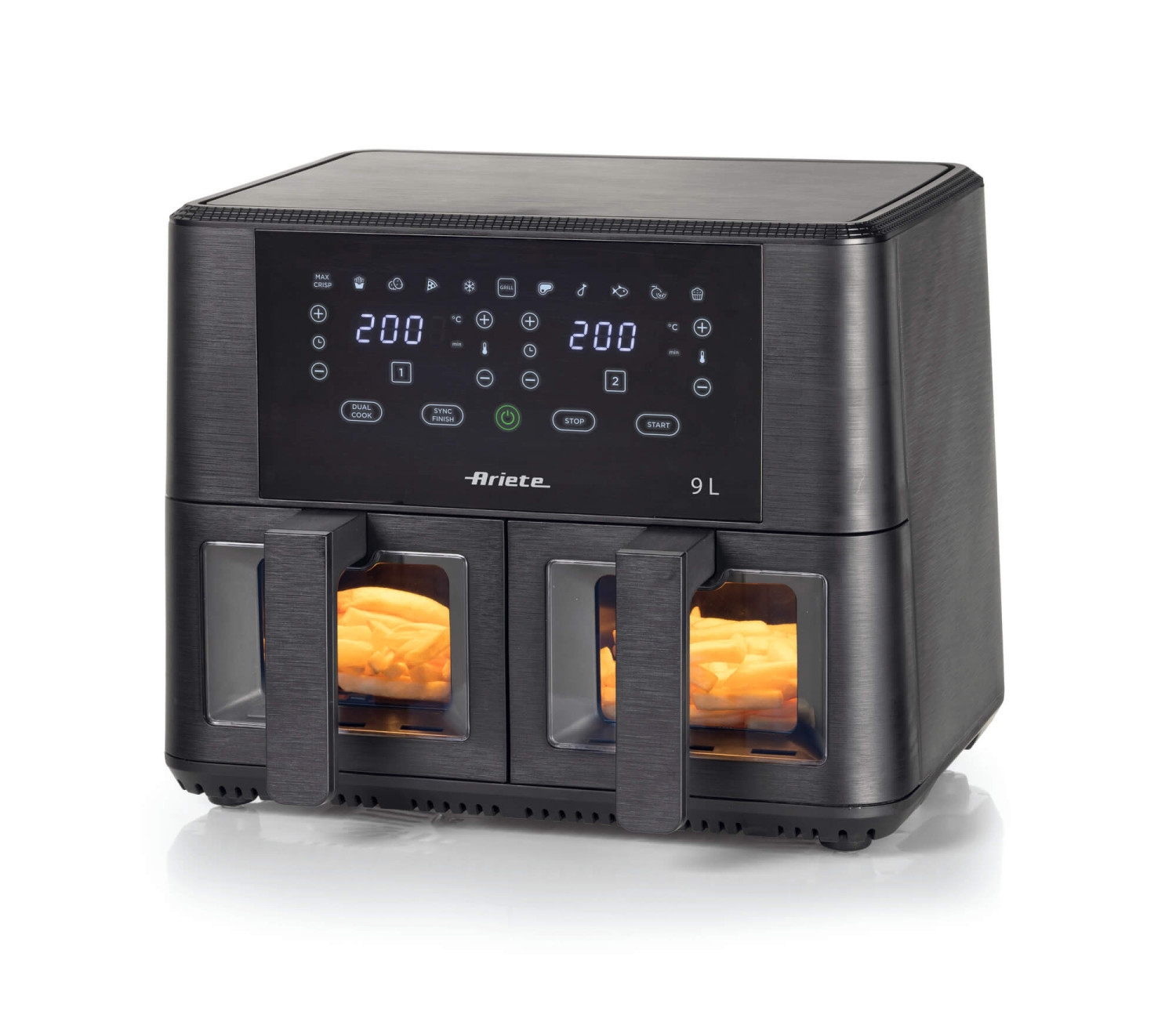 Black dual air fryer with two compartments, display panel, and handles.  