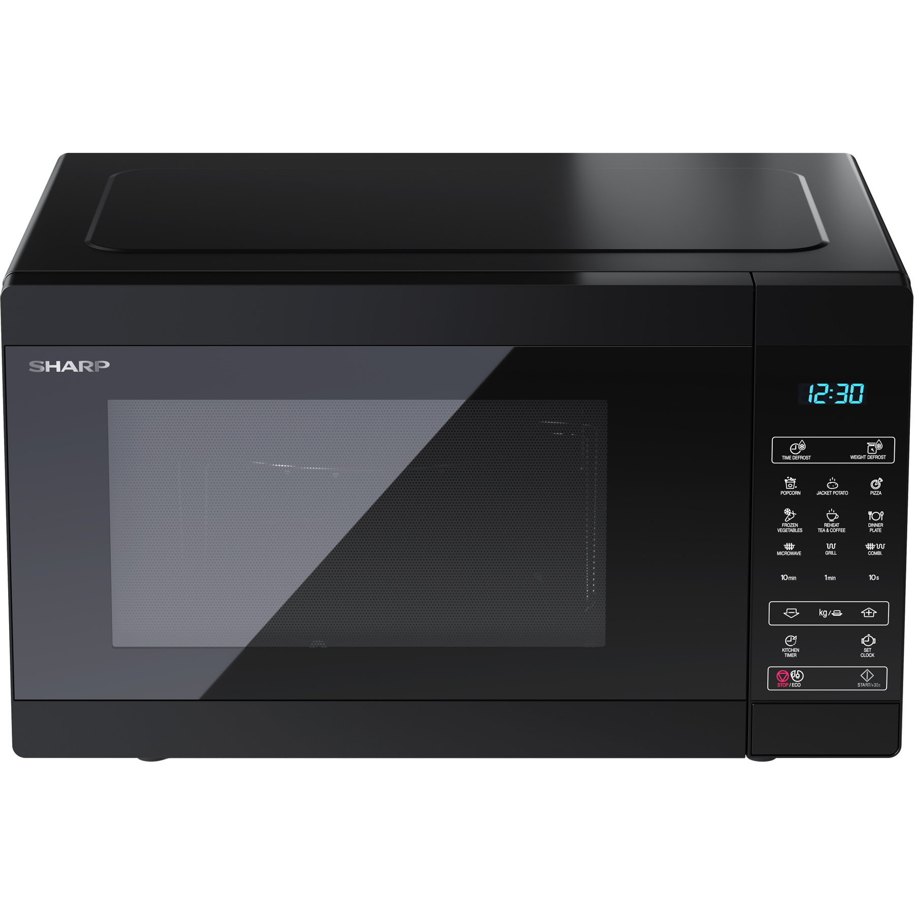 Un microondas negro con pantalla digital y botones de control.