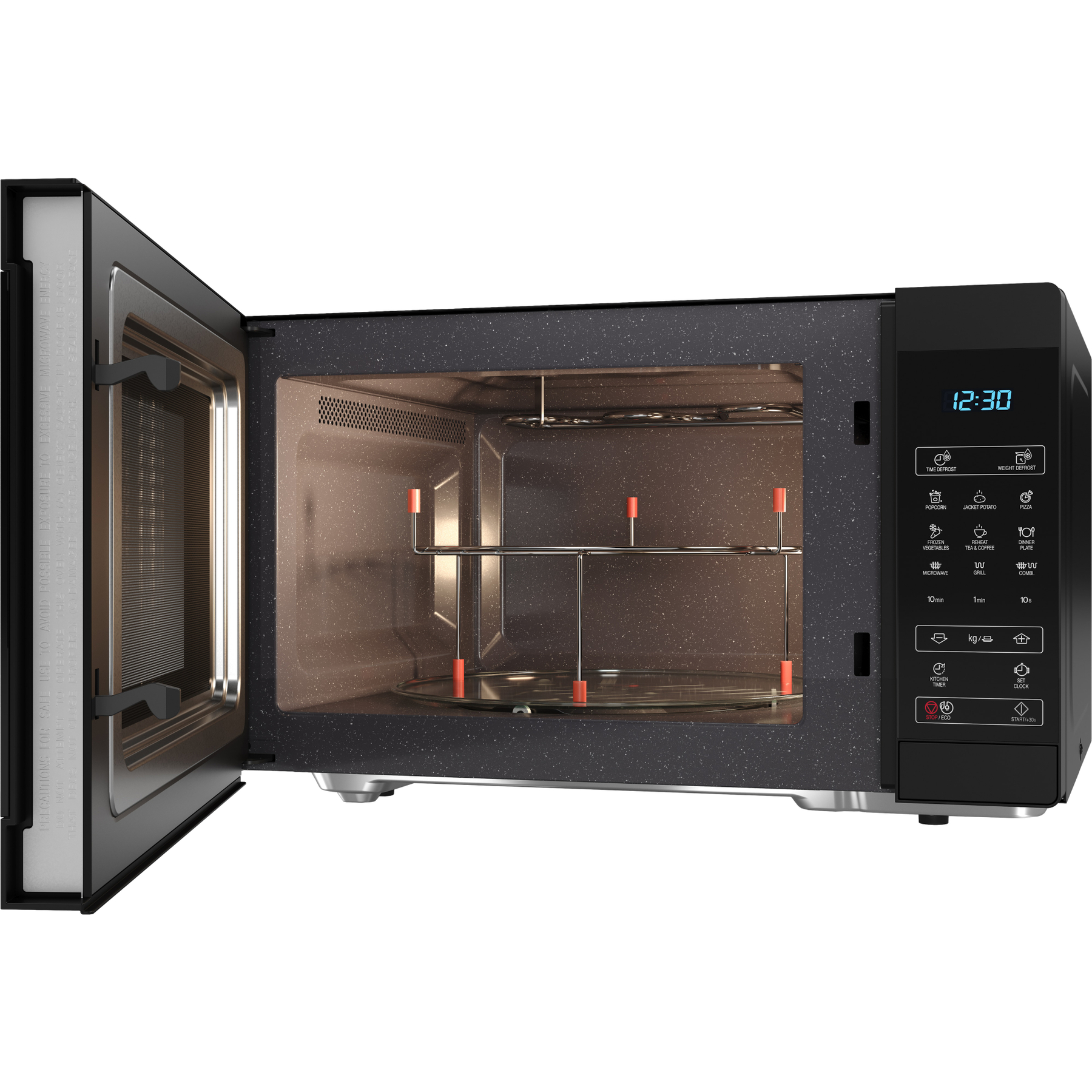Horno microondas abierto, mostrando el interior con rejilla y panel de control.