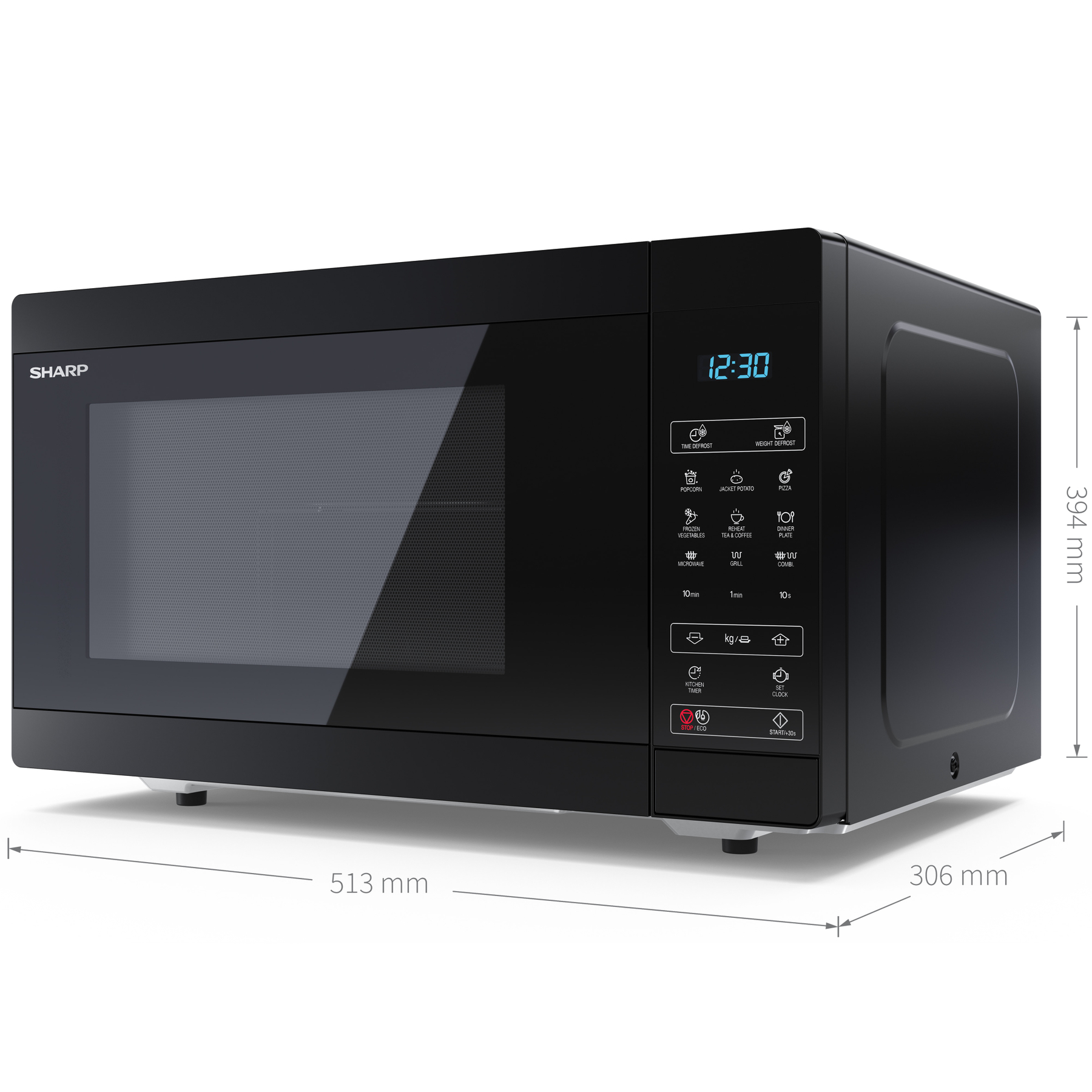 Un horno microondas negro con dimensiones etiquetadas. La marca Sharp y una pantalla digital que muestra 12:30 son visibles.