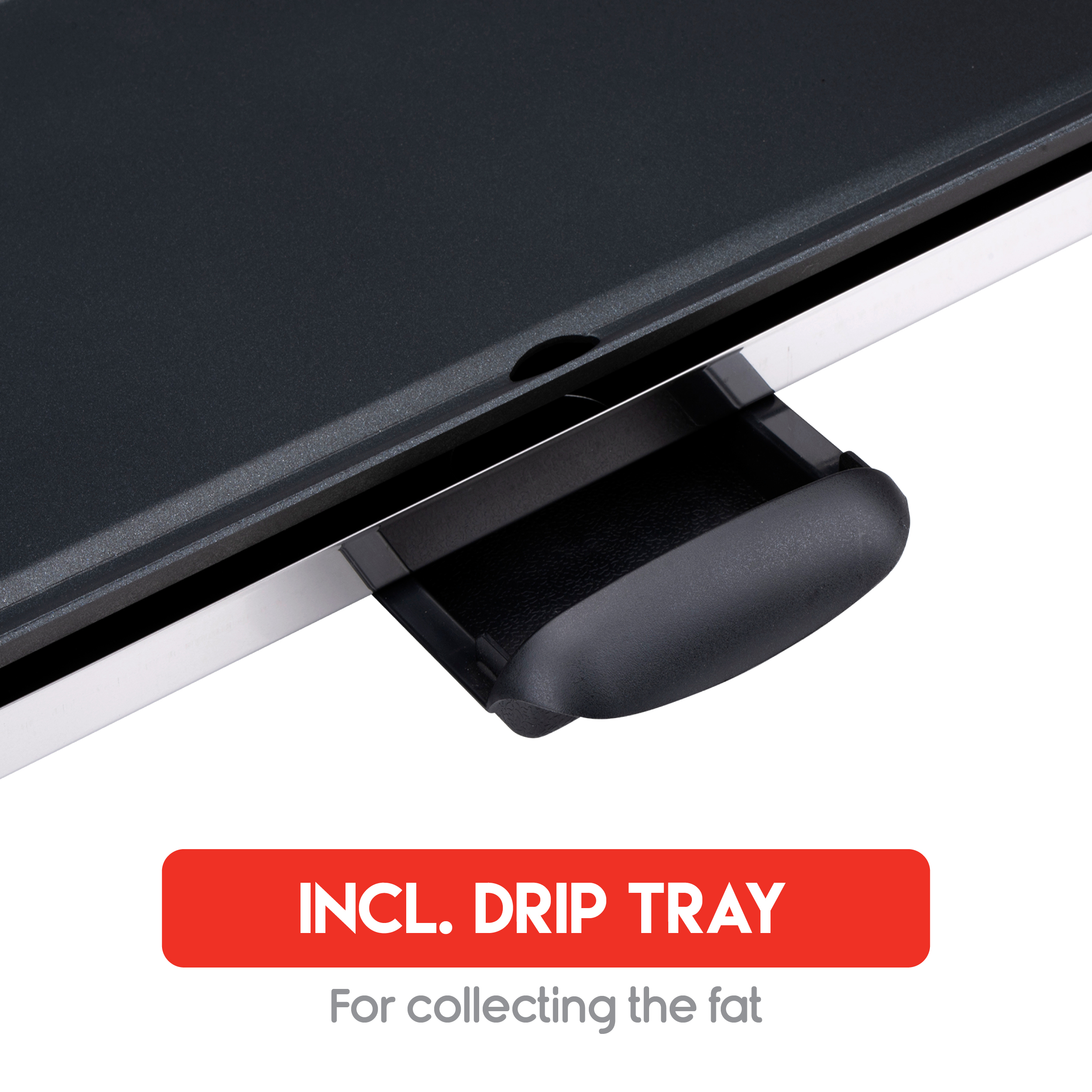 Nahaufnahme einer schwarzen Grillplatte mit Tropfschale. Ein rotes Banner liest: 'INCL. DRIP TRAY'.
