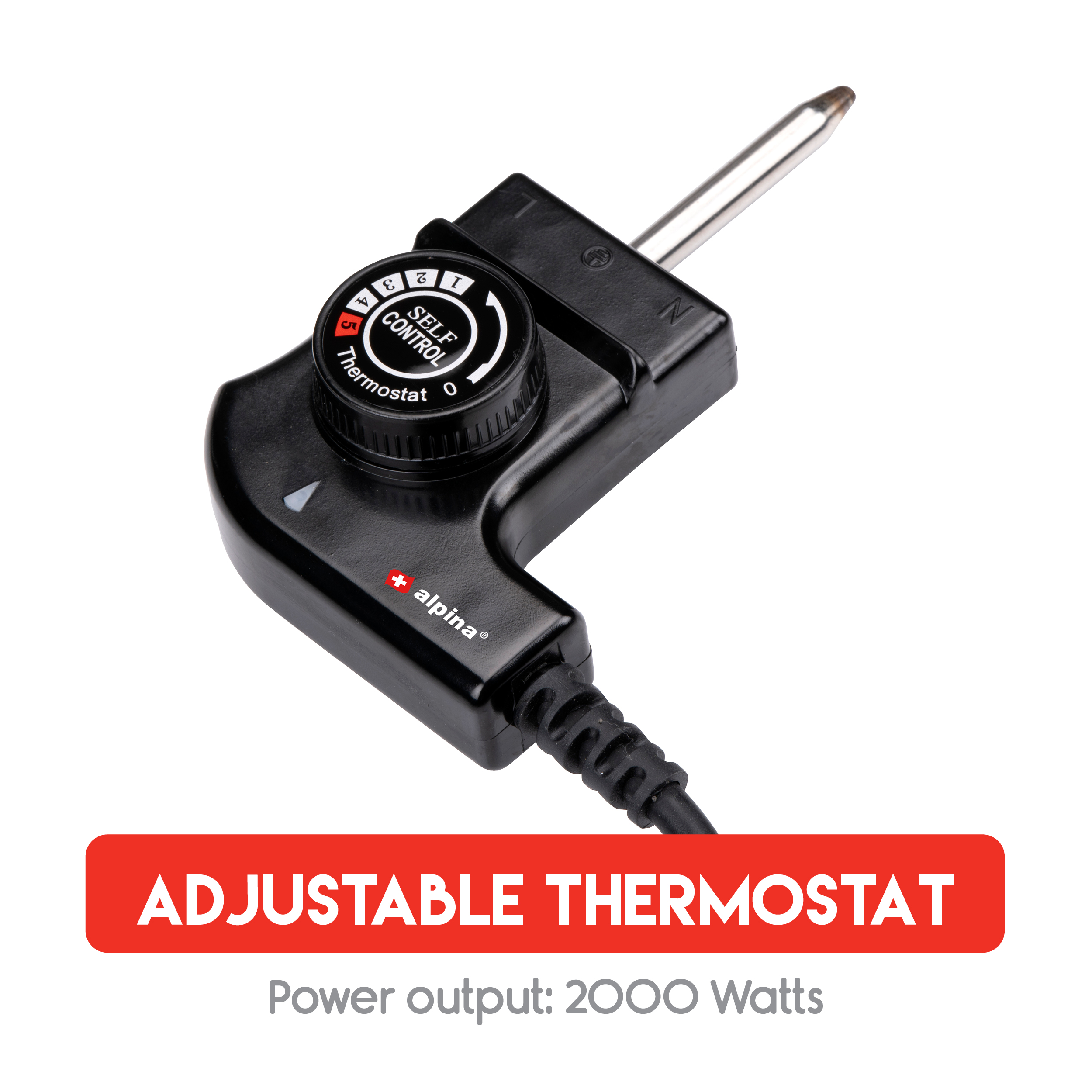 Schwarzer Thermostat mit Netzkabel. Es hat ein Zifferblatt mit Zahlen und dem Text 'EINSTELLBARER THERMOSTAT'.