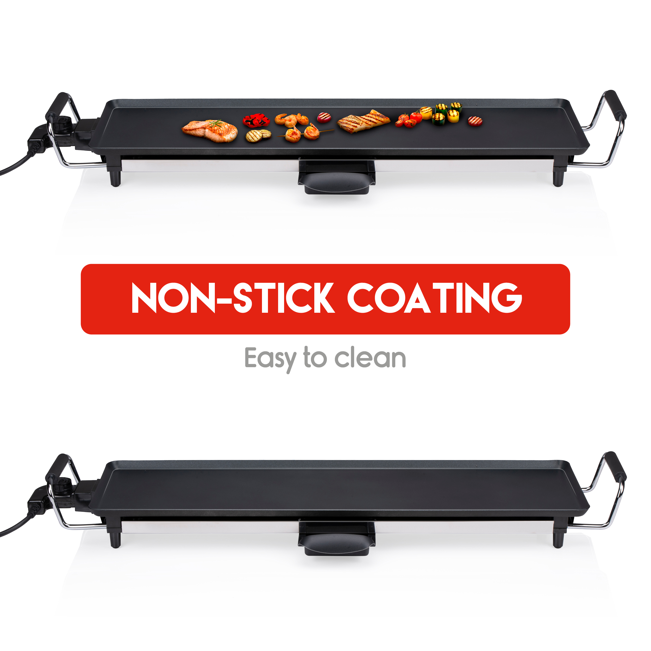 Elektrische Grillplatte mit Essen, roter Text "Non-Stick Coating".