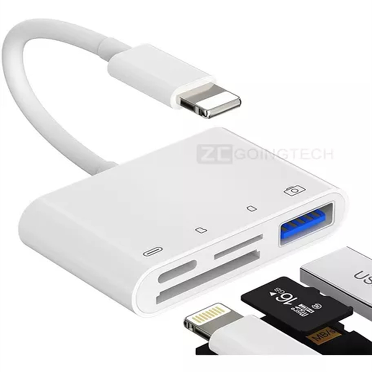 Weißer Adapter mit USB-C- und Lightning-Anschlüssen sowie einem USB-Anschluss, neben einer MicroSD-Karte und einer 16GB-Karte.