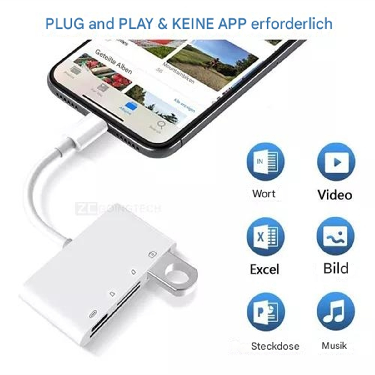 Ein weißer Adapter, der mit einem Telefon verbunden ist, mit Symbolen für Word, Video, Excel, Bild, Steckdose und Musik.