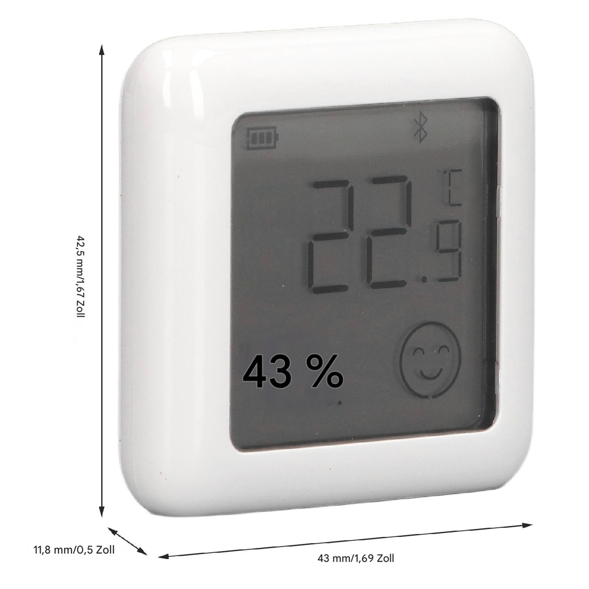 Weißes quadratisches digitales Thermostat mit Anzeige von Temperatur und Luftfeuchtigkeit.