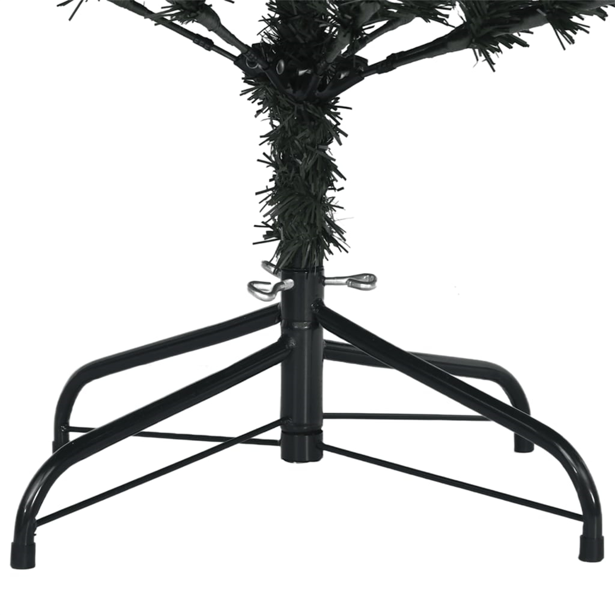 Unterer Teil eines schwarzen Weihnachtsbaums. Metallfuß mit vier Beinen und Stamm.