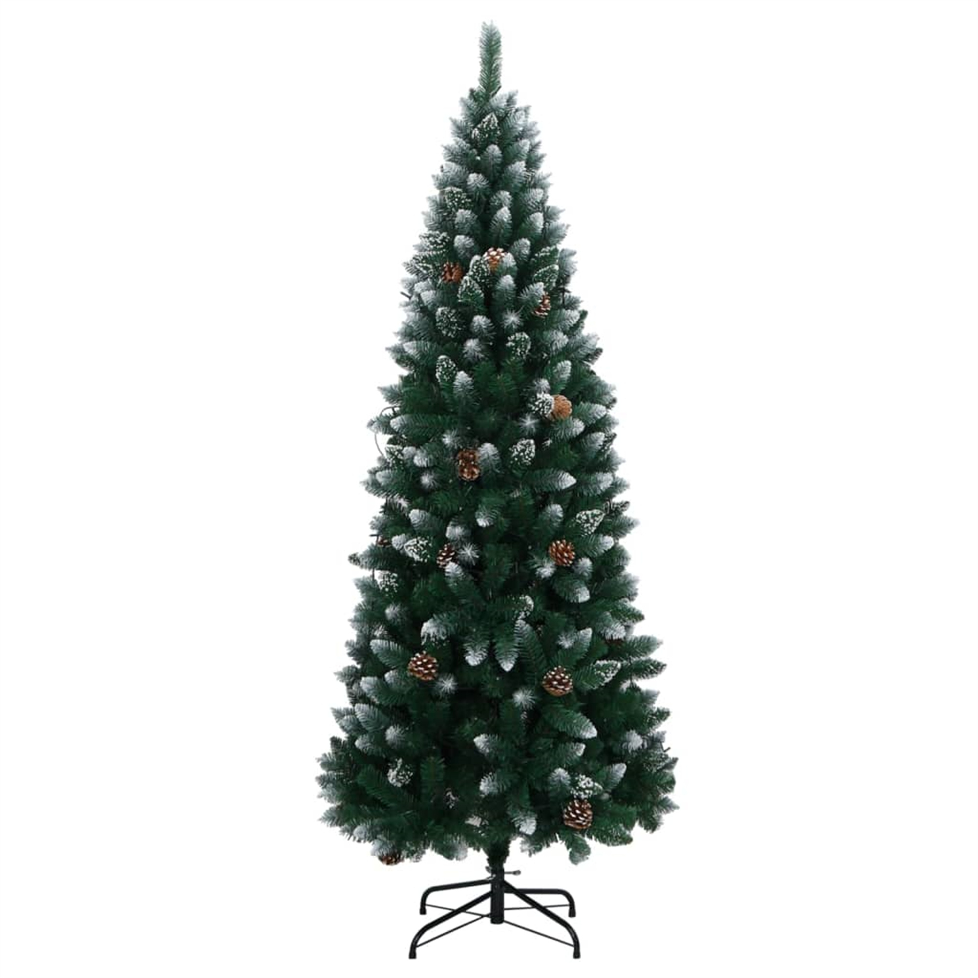 Grüner Weihnachtsbaum, Schnee auf den Ästen, braune Tannenzapfen. Weißer Hintergrund. Der Baum steht auf schwarzem Fuß.