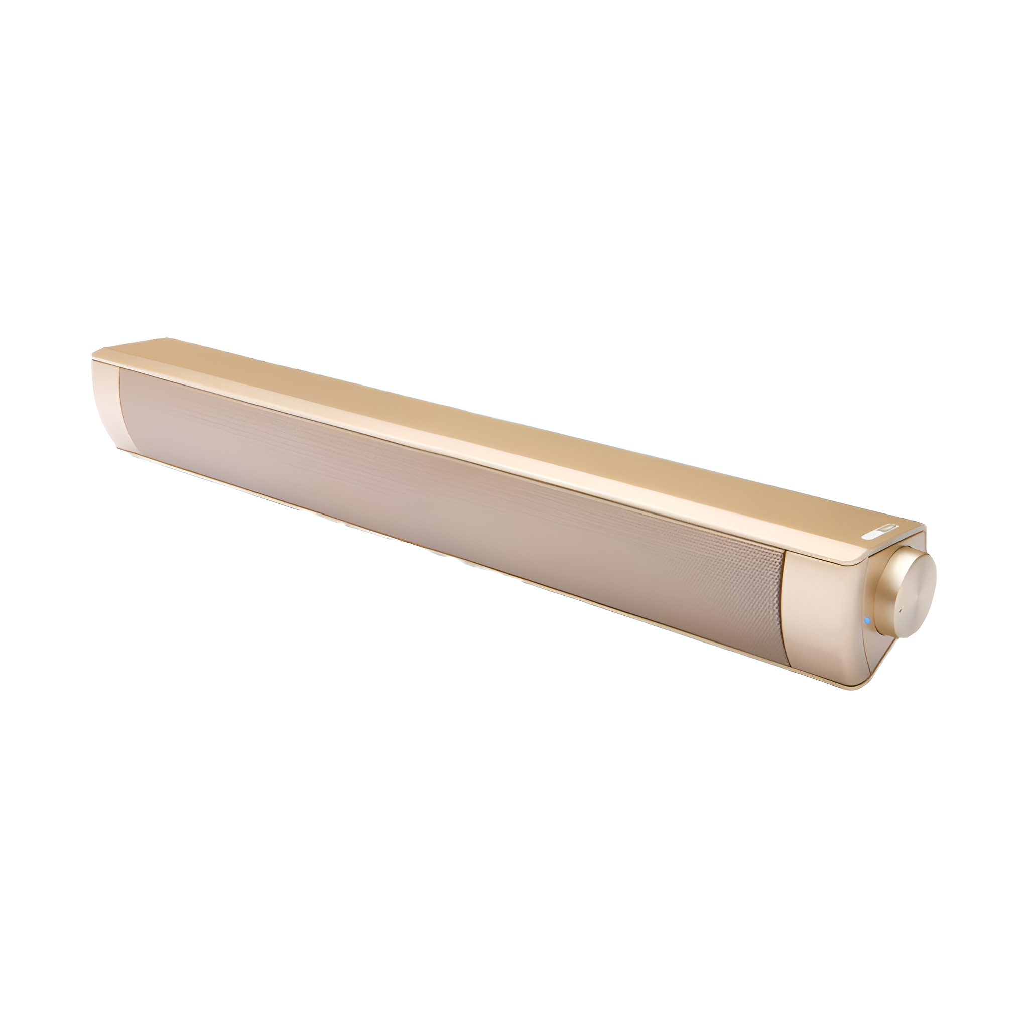 Goldener Soundbar-Lautsprecher auf weißem Hintergrund, Vorder- und Seitenansicht.