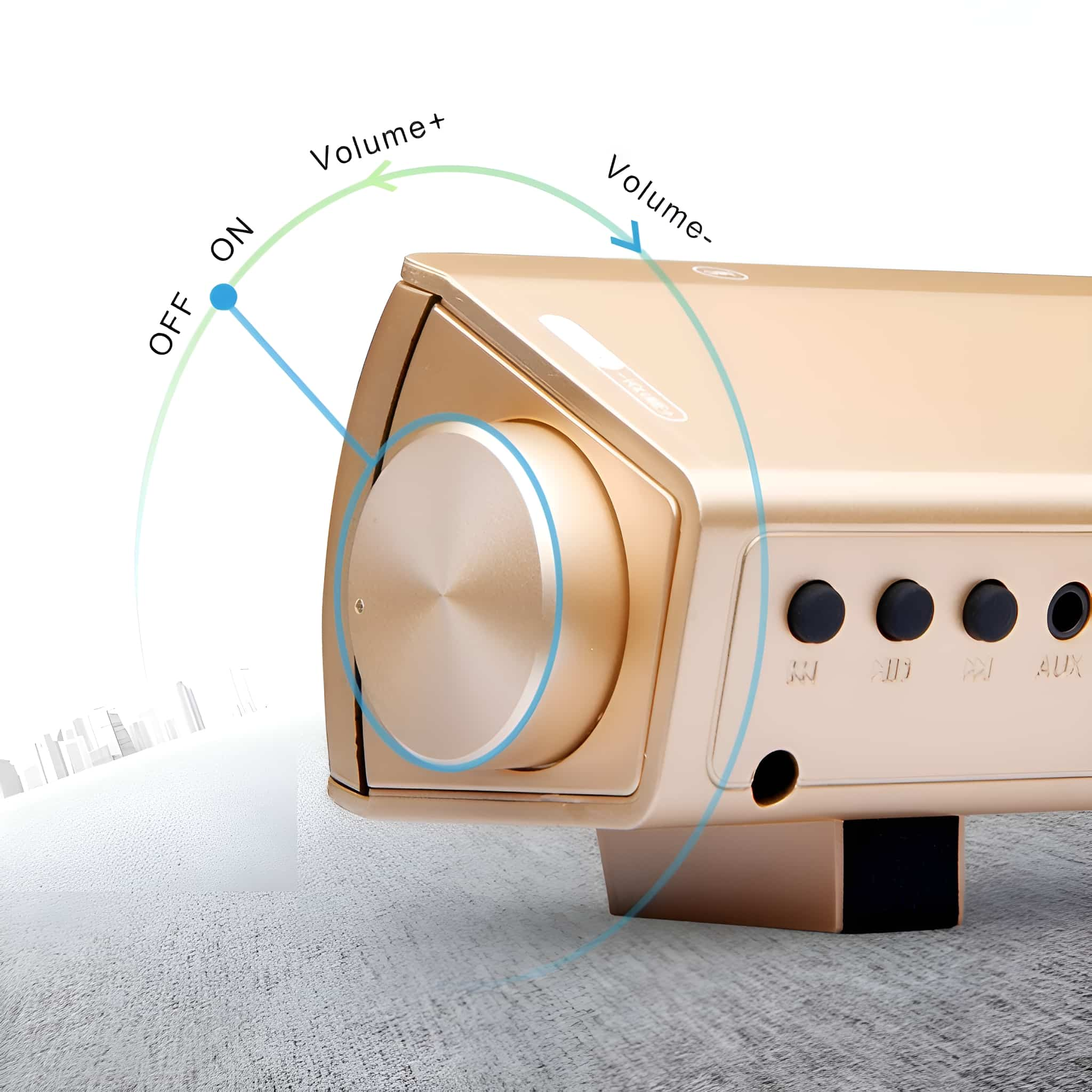 Goldene Soundbar mit Lautstärkereglern, Power- und Aux-Tasten.