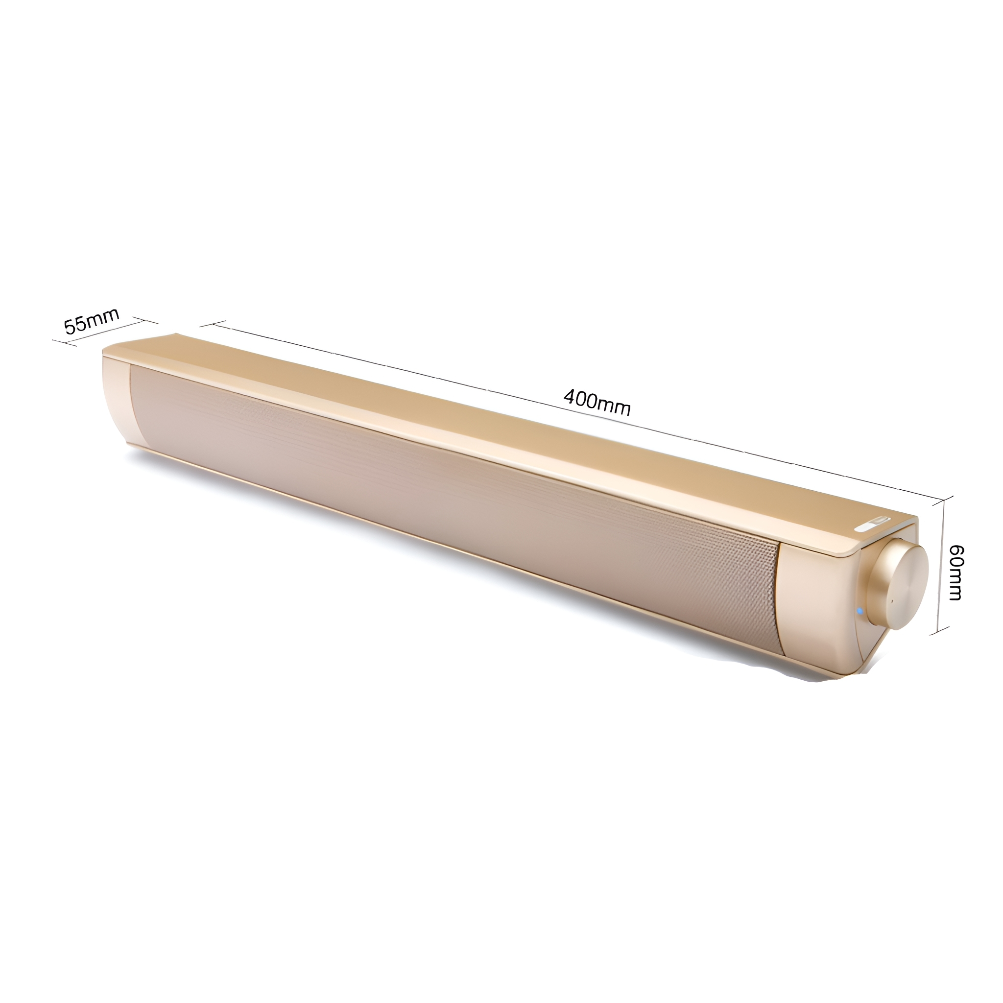Eine goldene Soundbar mit angezeigten Abmessungen.
