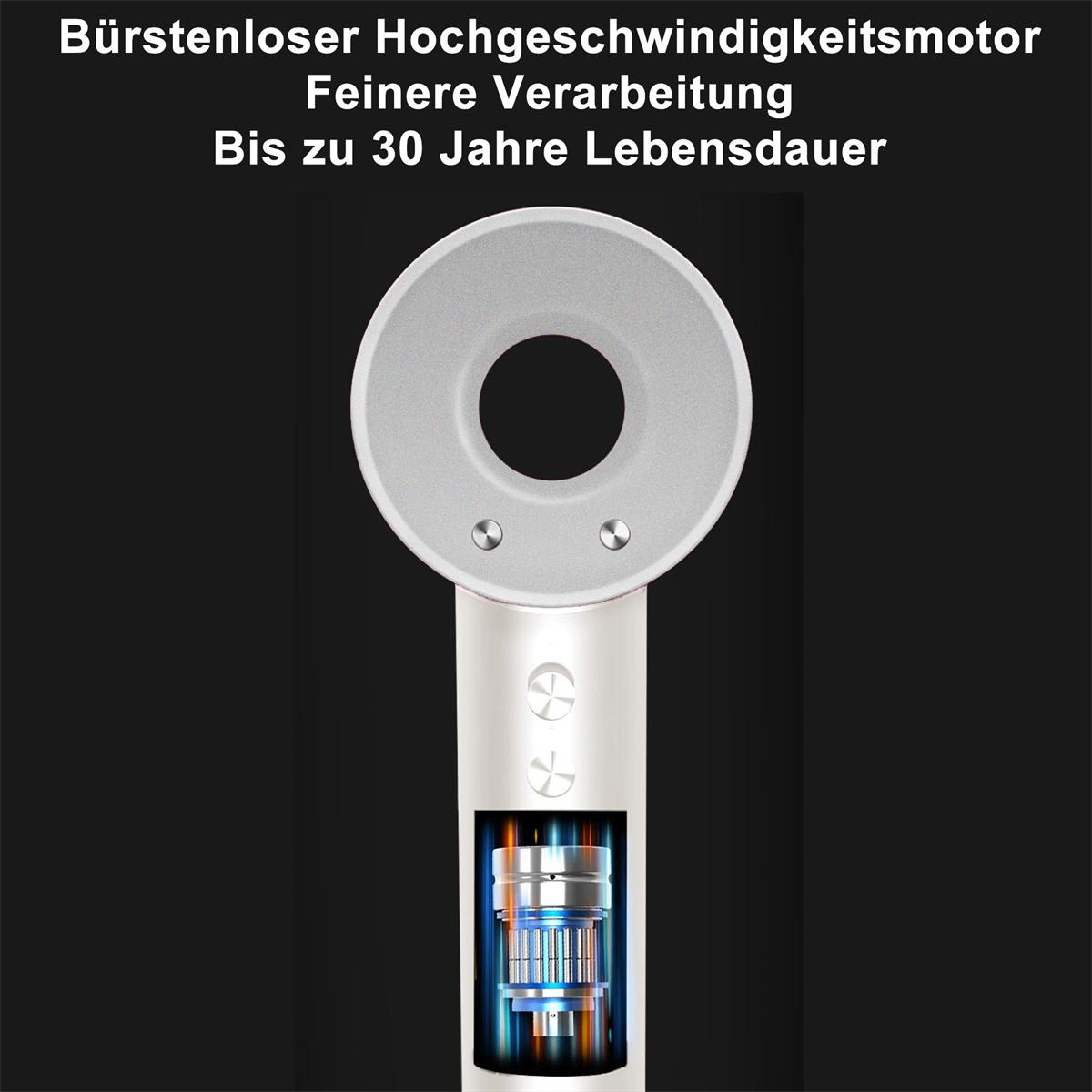 Nahaufnahme eines Geräts mit weißem Griff, blauen und orangen Details auf schwarzem Untergrund.