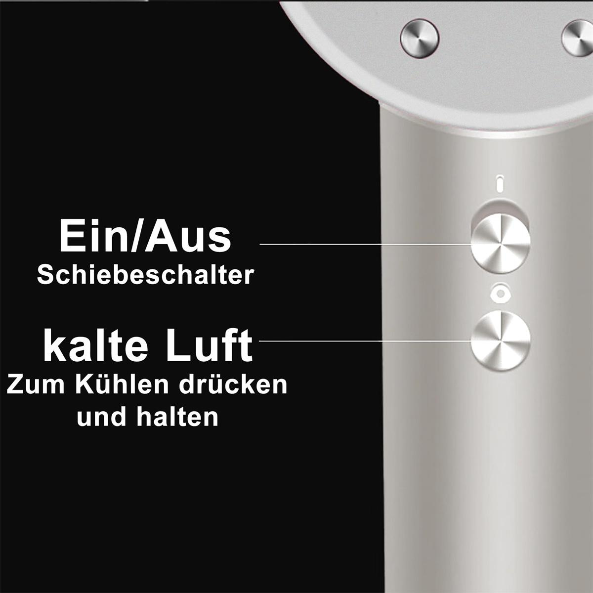 Nahaufnahme eines silbernen Haartrockners mit Knöpfen. Deutscher Text zeigt Ein/Aus und Kaltluft-Einstellungen.