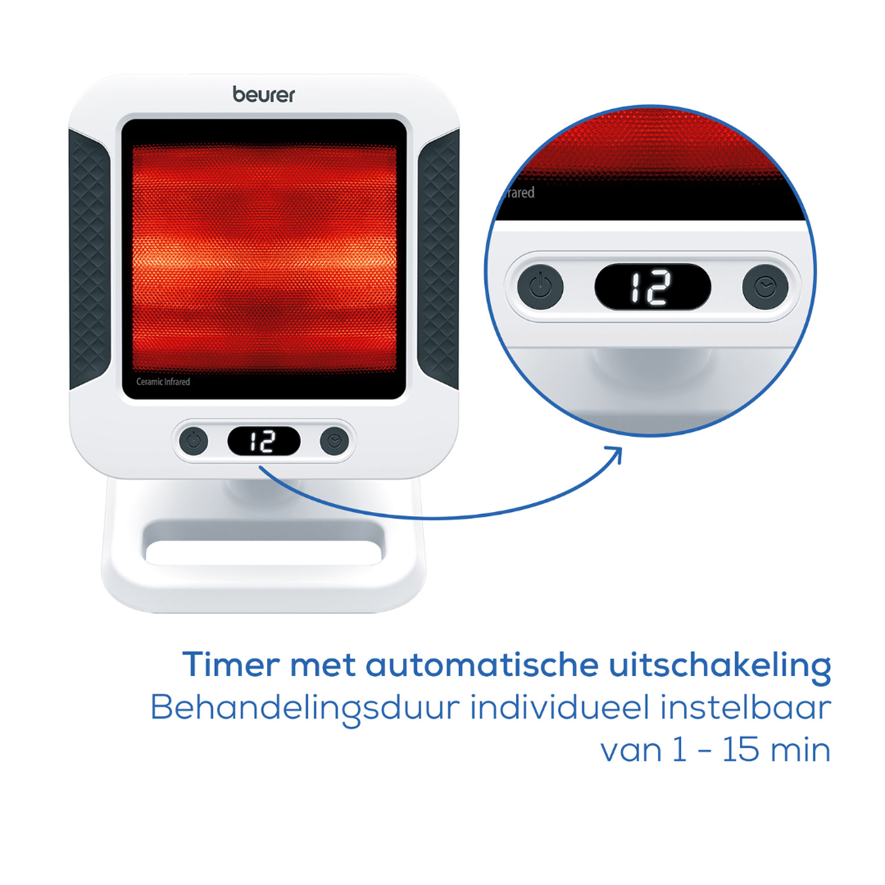 White ceramic infrared heater with digital timer display, and additional information.