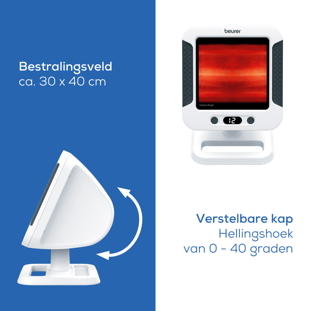 A white infrared heat lamp with adjustable tilt, with a white background. The lamp has a digital display.