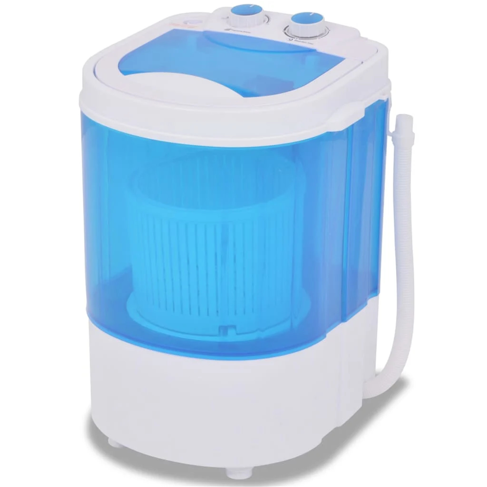 Eine blau-weiße tragbare Waschmaschine mit einer blauen, durchsichtigen Trommel. Ein weißer Schlauch ist angebracht.