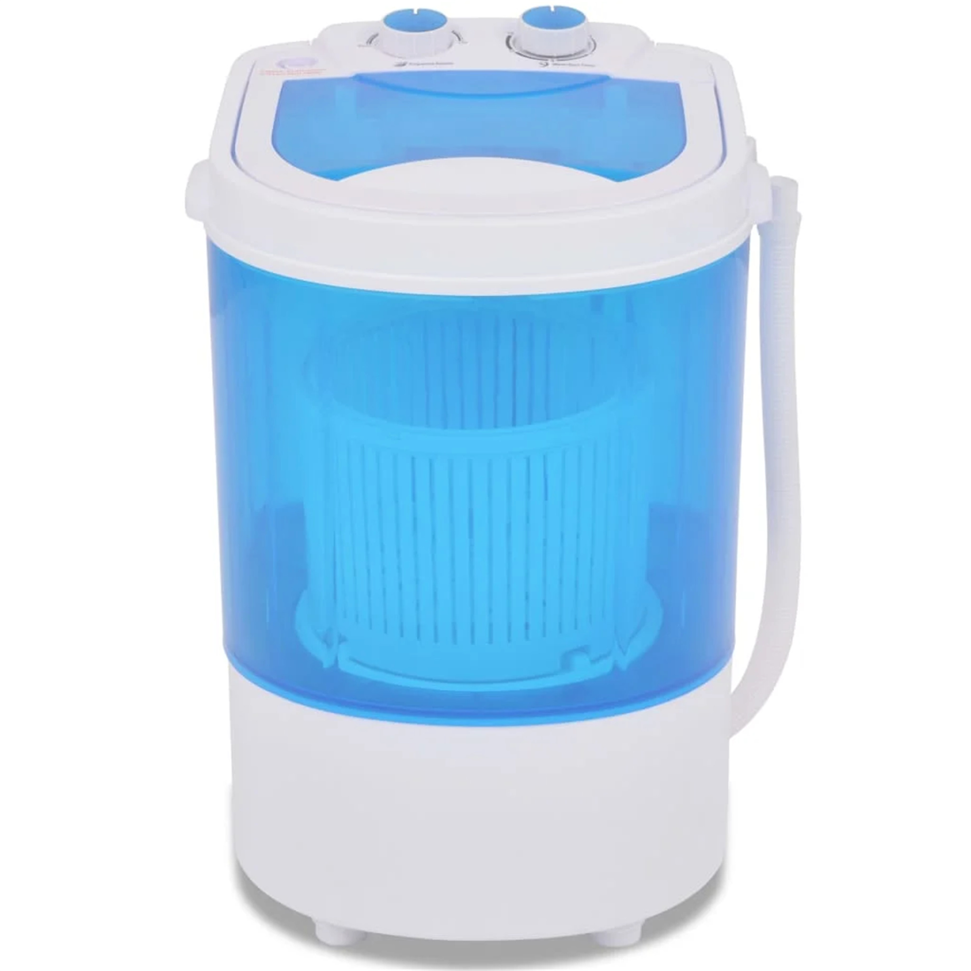 Eine tragbare Waschmaschine in Weiß und Blau. Sie hat zwei blaue Bedienknöpfe oben.