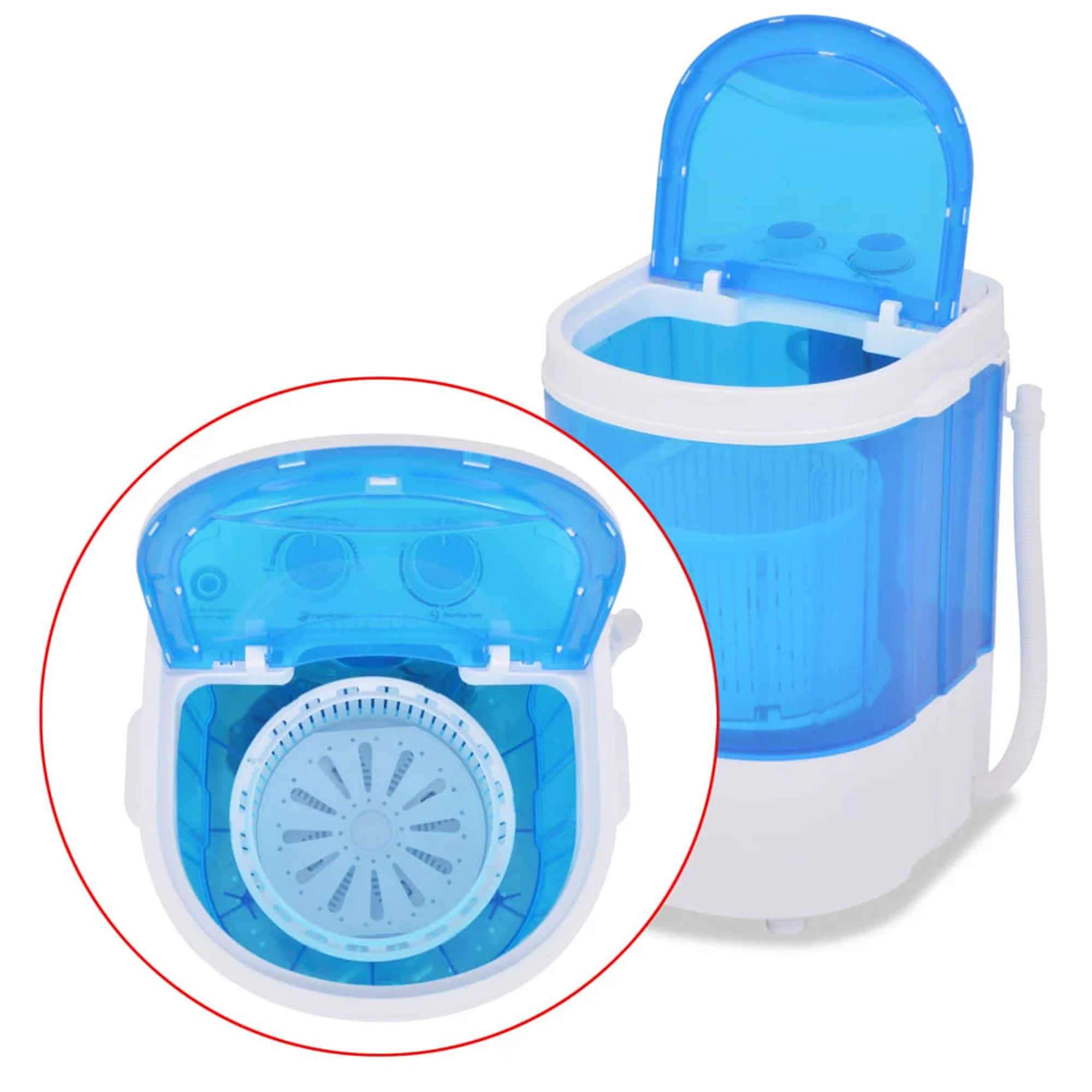 Eine kleine, blau-weiße Mini-Waschmaschine mit offenem Deckel und Blick ins Innere.